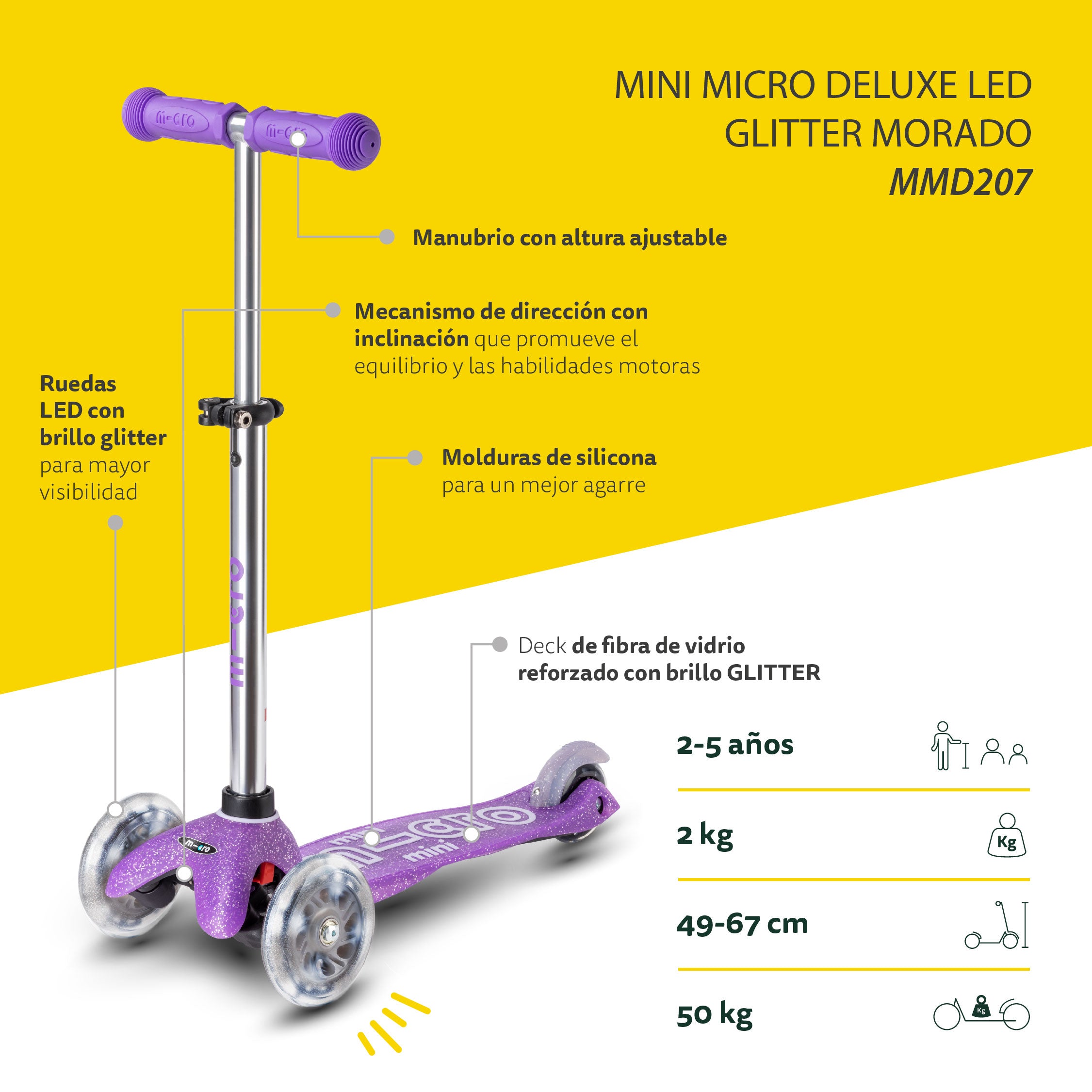 Micro Scooter Mini Deluxe LED Glitter Morado