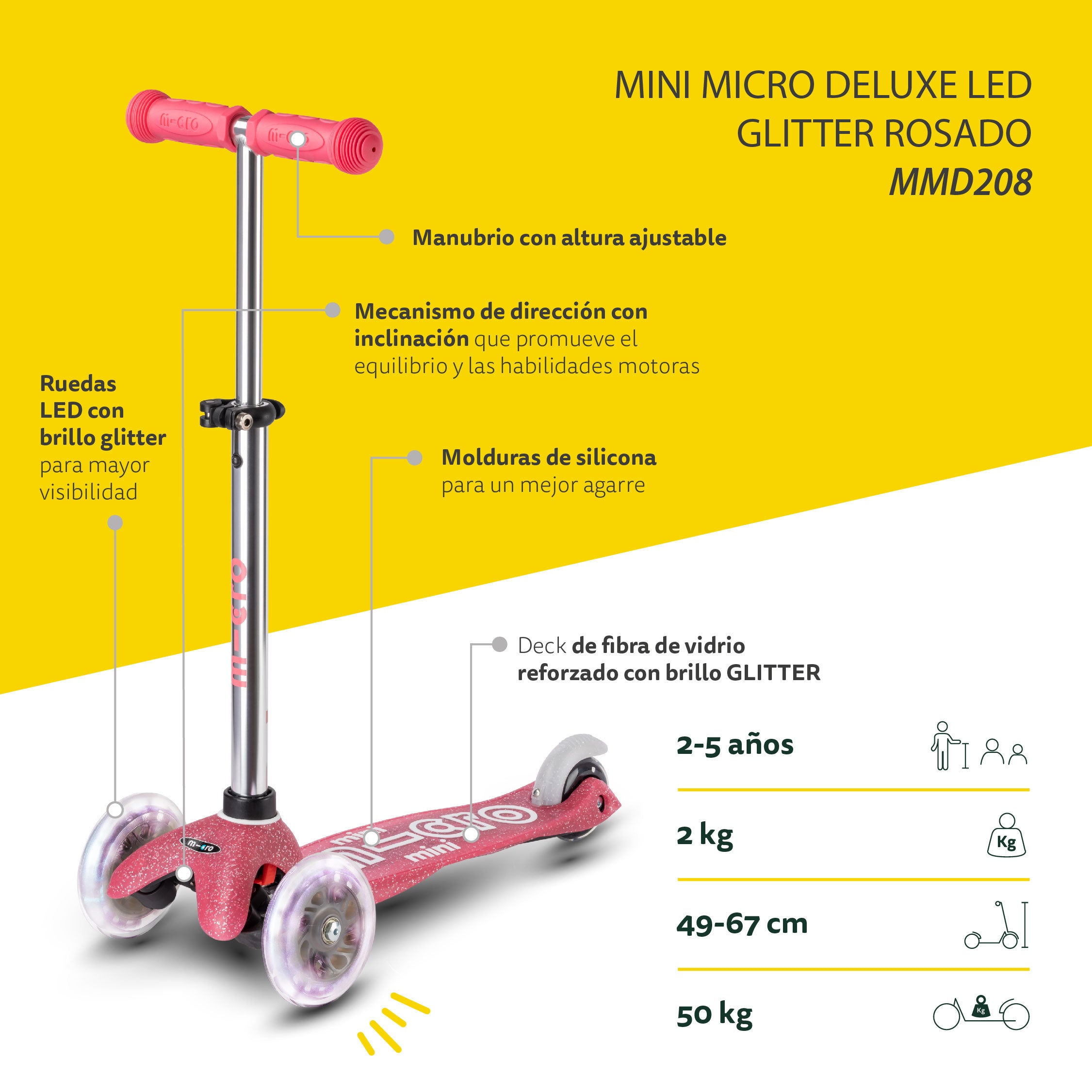 Micro Scooter Mini Deluxe LED Glitter Rosado
