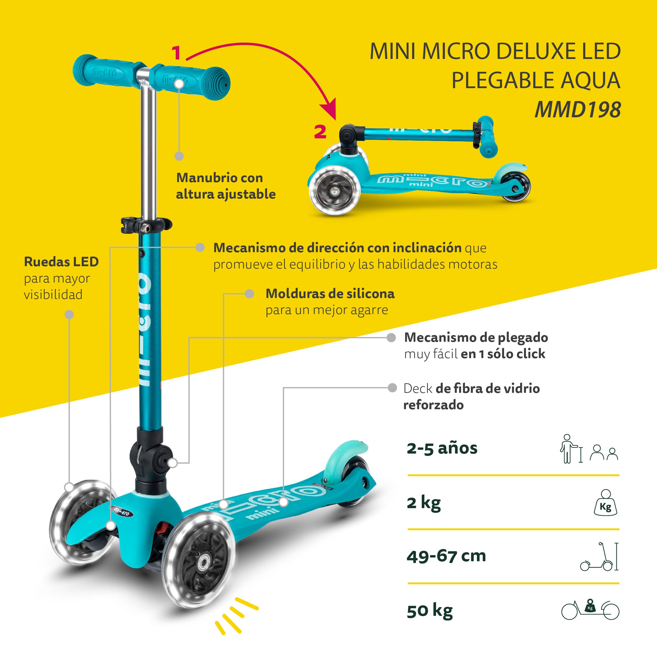 Micro Scooter Mini Deluxe LED PLEGABLE Aqua