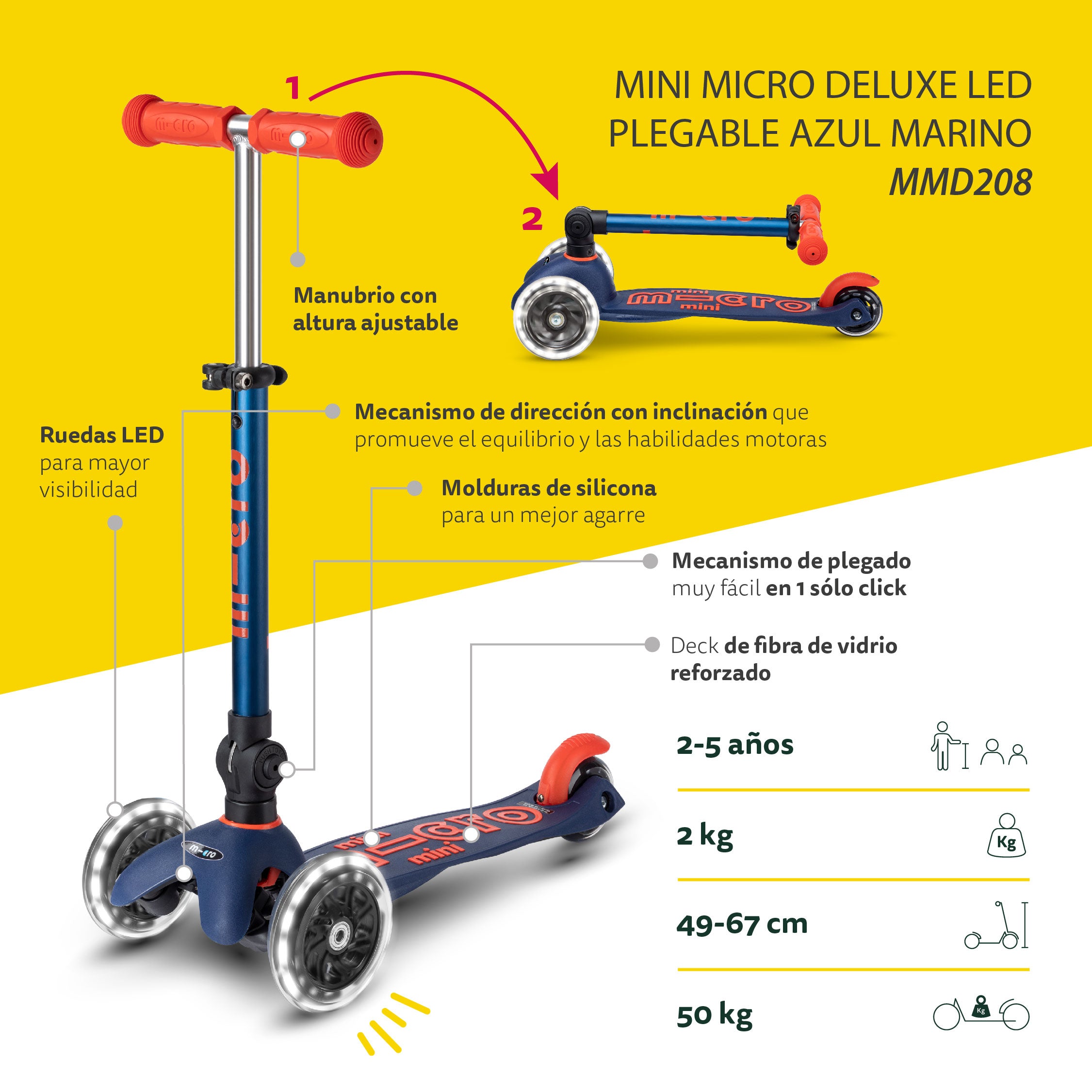 Micro Scooter Mini Deluxe LED PLEGABLE Azul Marino - Rojo