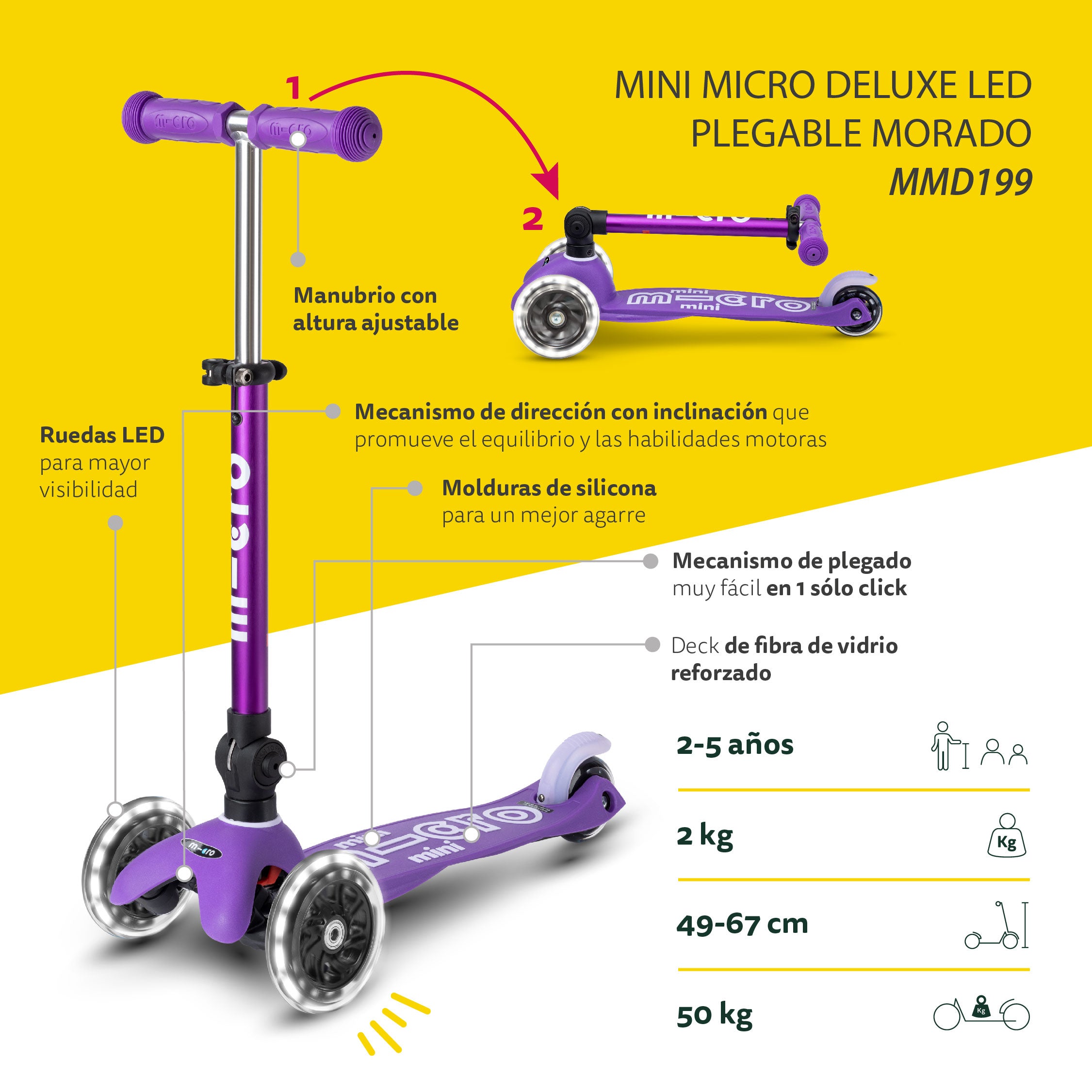 Micro Scooter Mini Deluxe LED PLEGABLE Morado