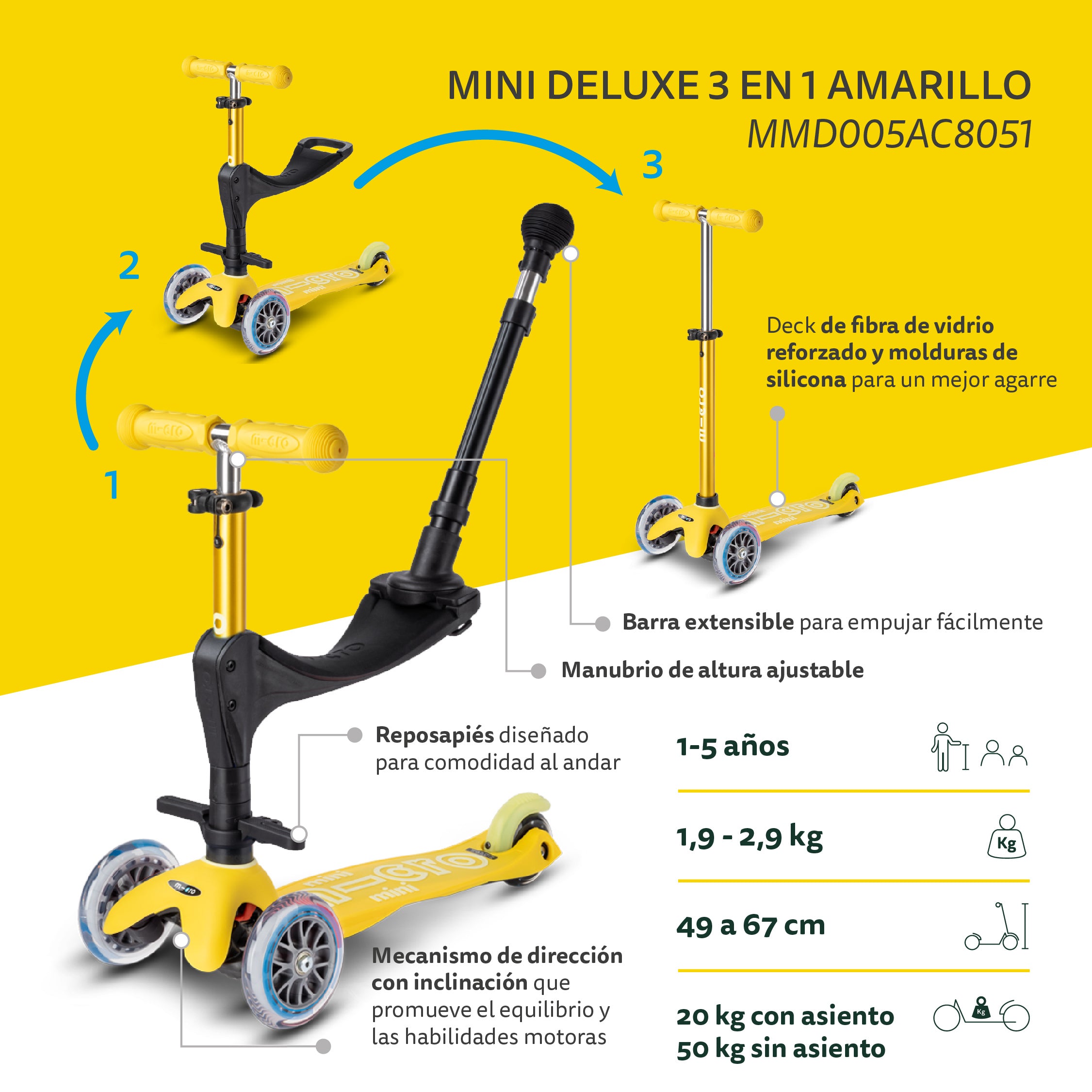 Micro Scooter Mini Deluxe 3en1 Amarillo
