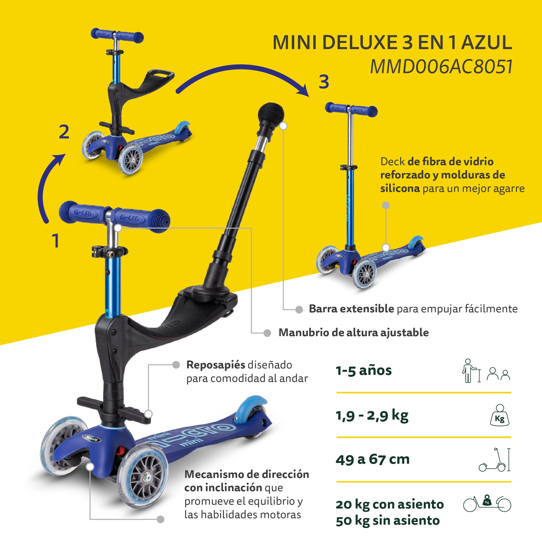 Micro Scooter Mini Deluxe 3en1 Azul