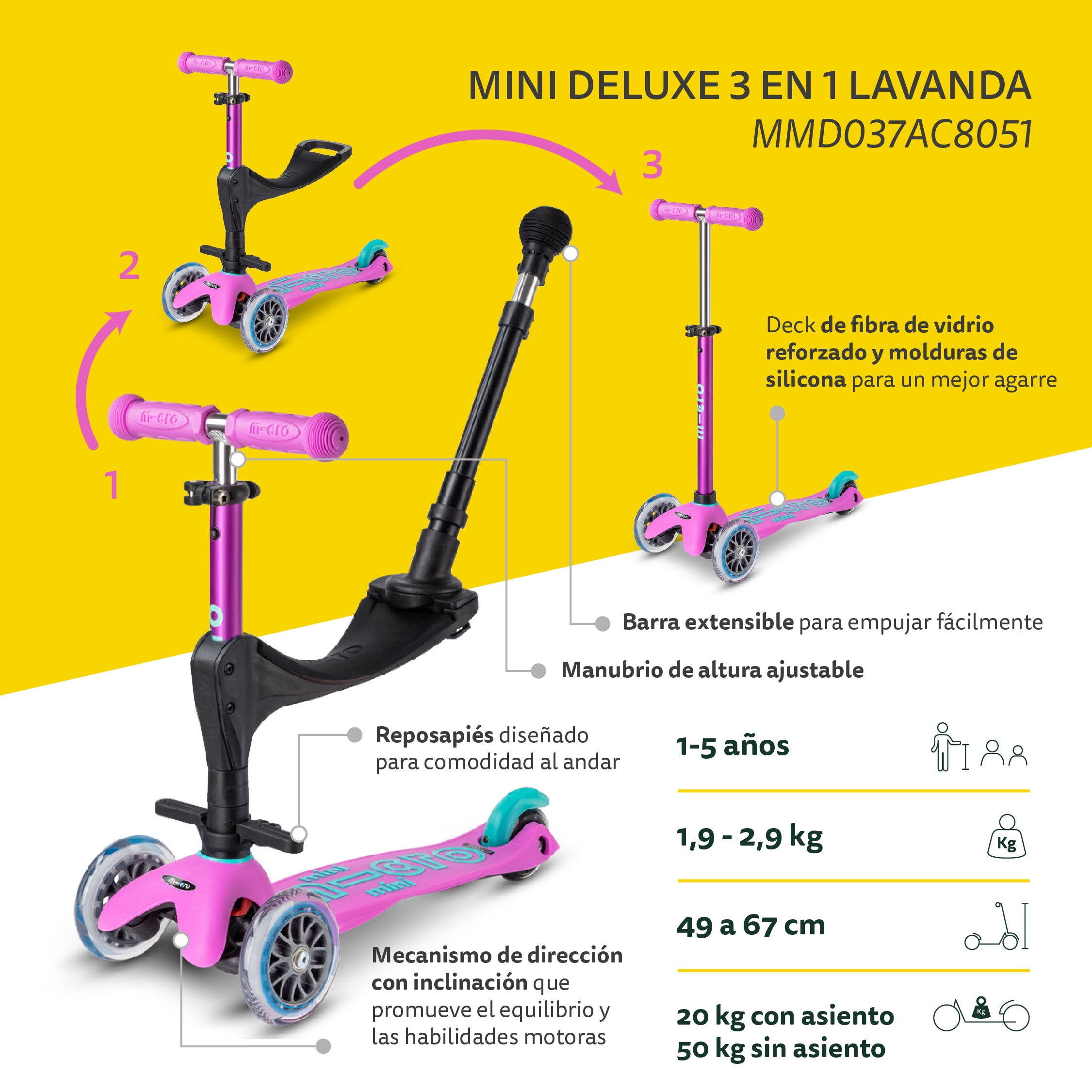 Micro Scooter Mini Deluxe 3en1 Lavanda
