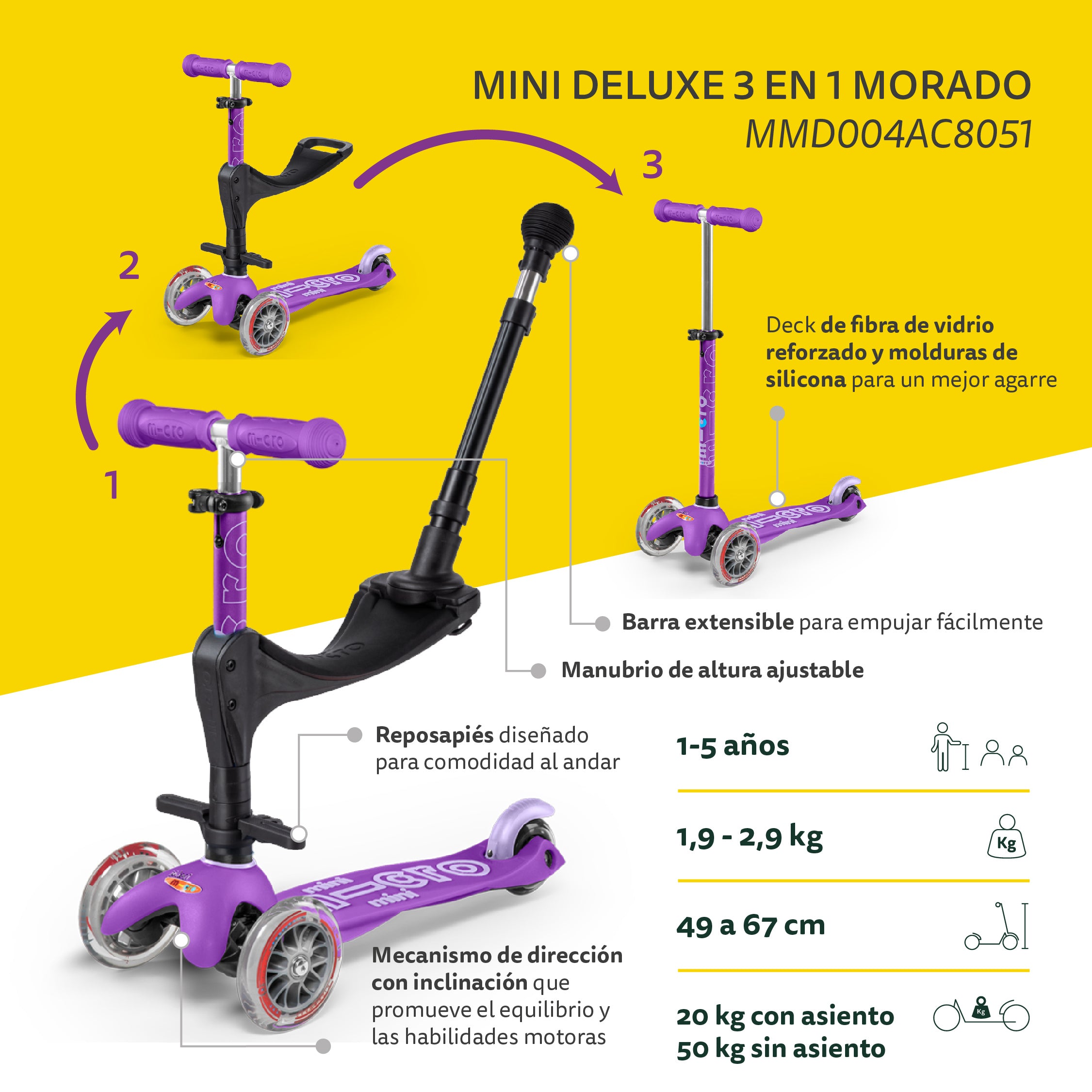 Micro Scooter Mini Deluxe 3en1 Morado
