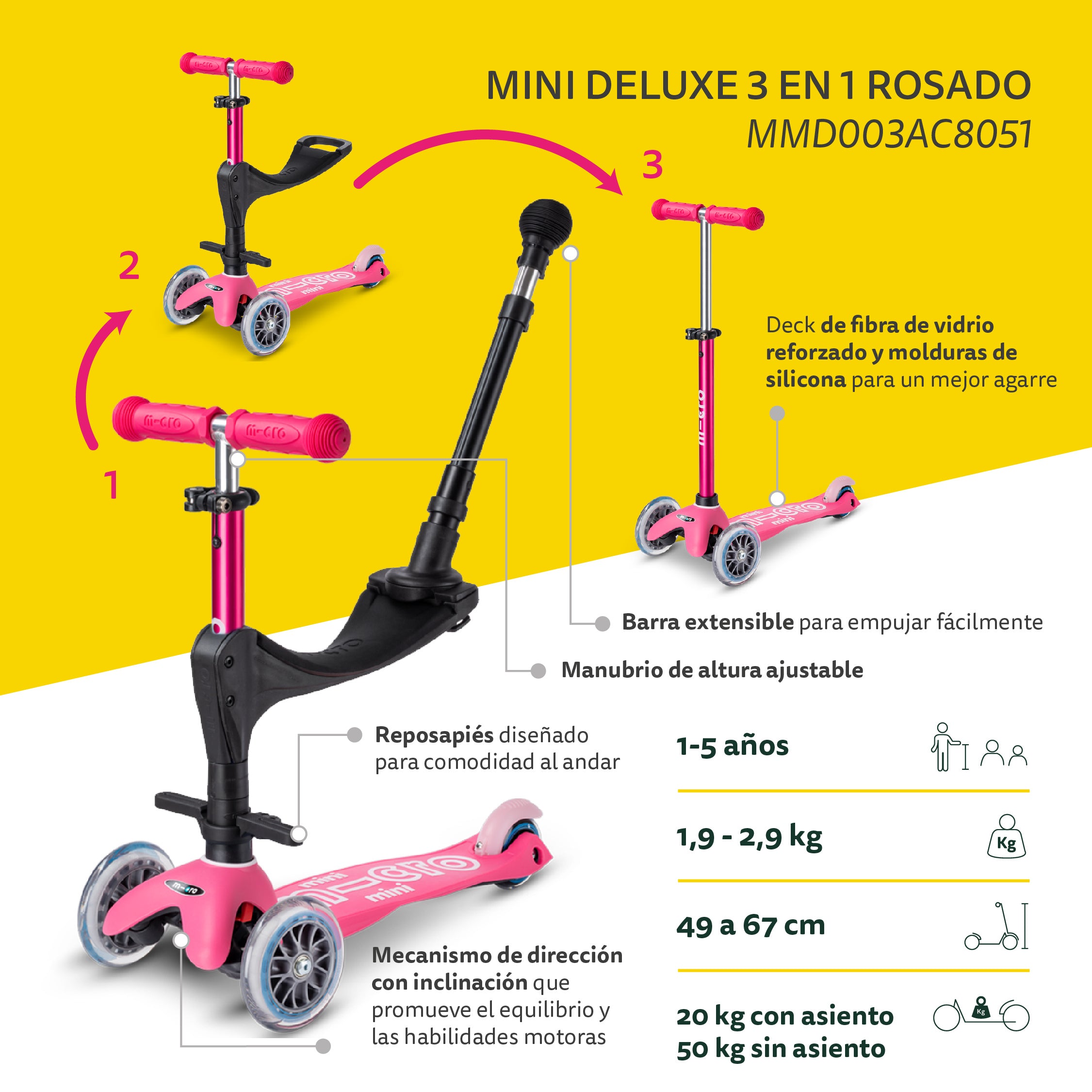 Micro Scooter Mini Deluxe 3en1 Rosado