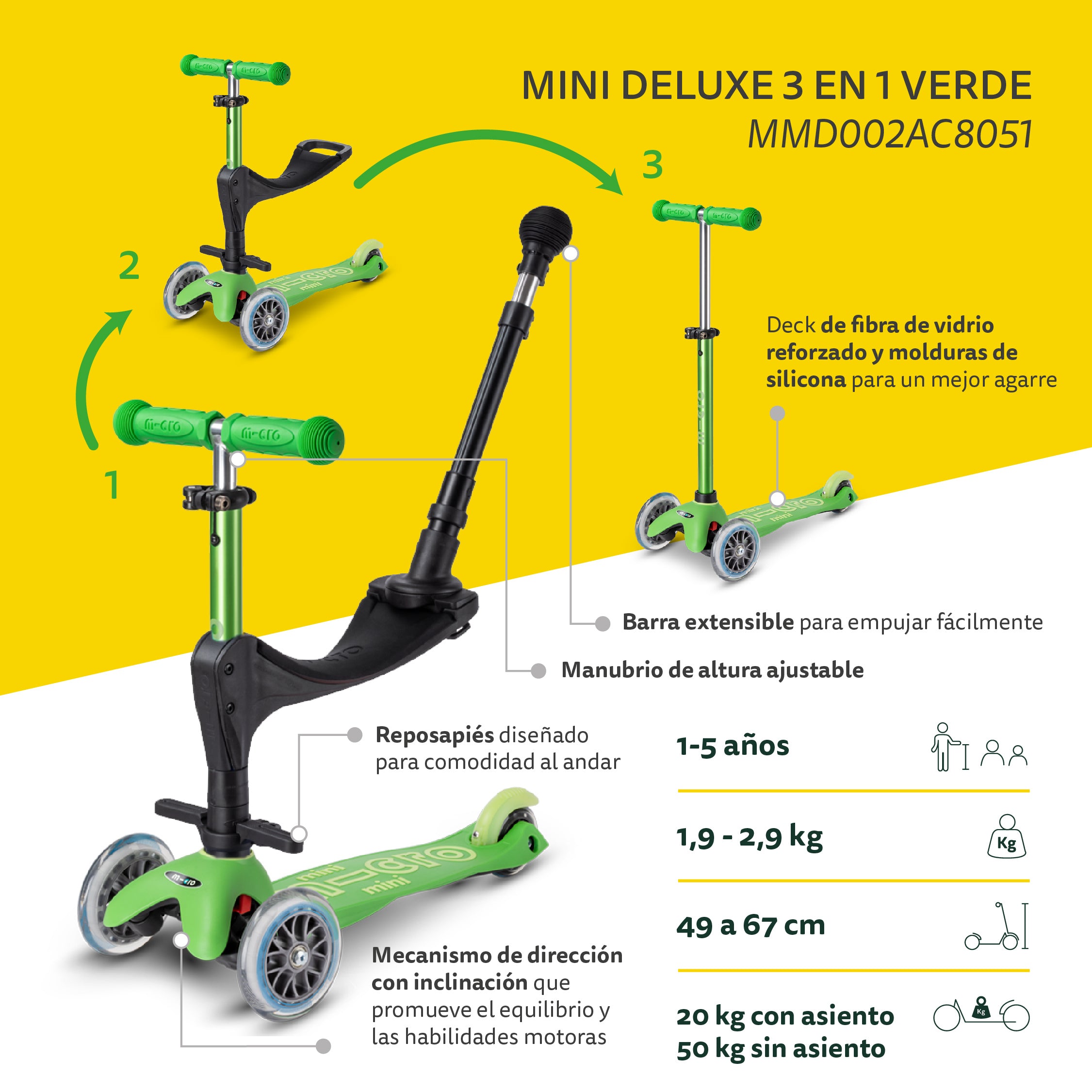 Micro Scooter Mini Deluxe 3en1 Verde