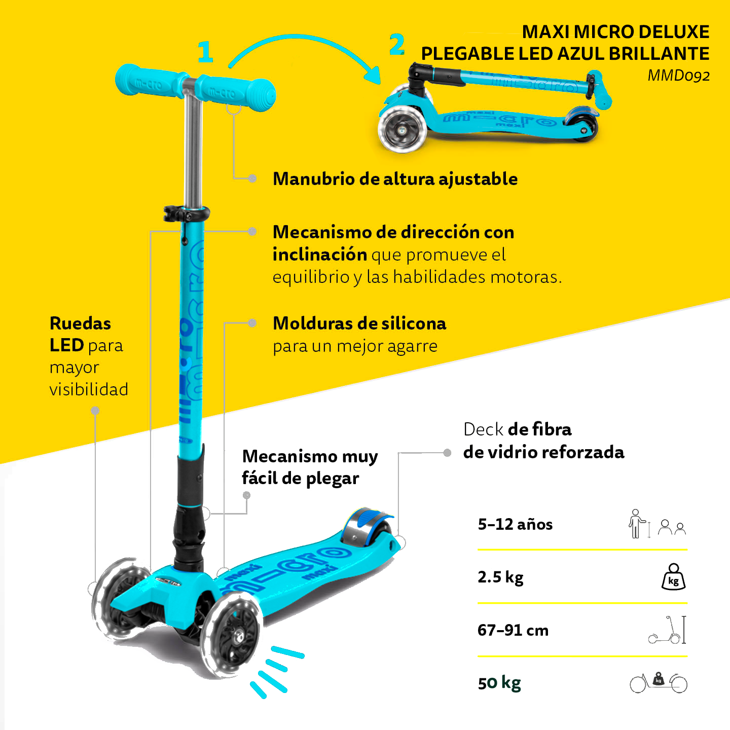 Micro Scooter Maxi Deluxe LED PLEGABLE Aqua