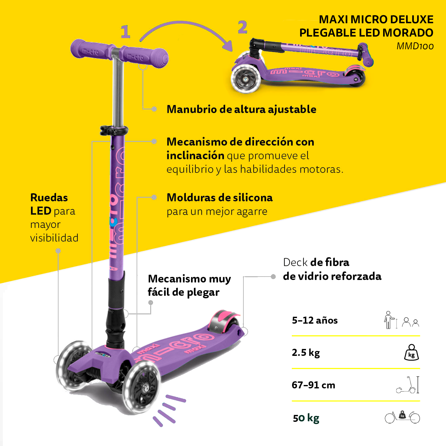 Micro Scooter Maxi Deluxe LED PLEGABLE Morado