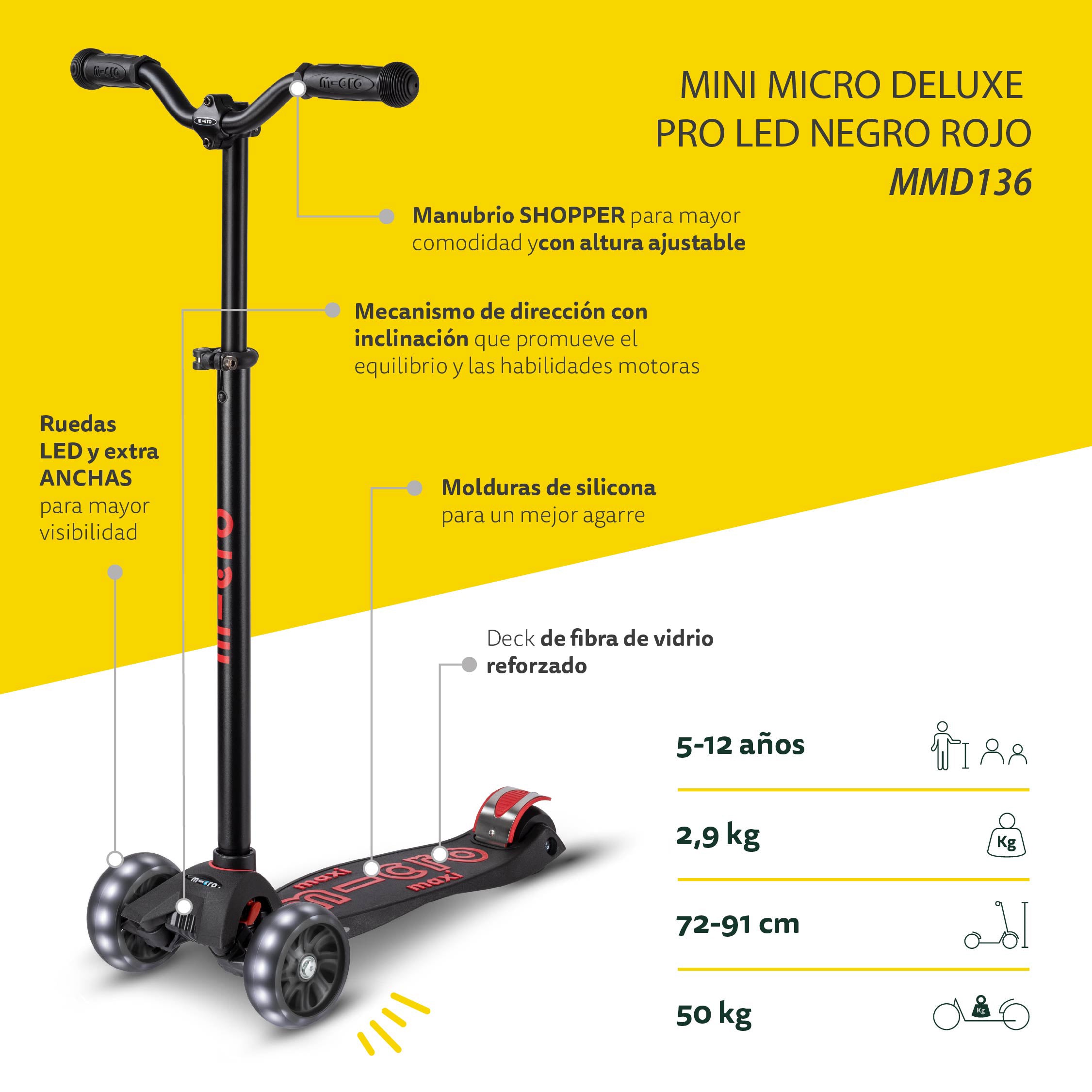 Micro Scooter Maxi Deluxe LED PRO Negro-Rojo