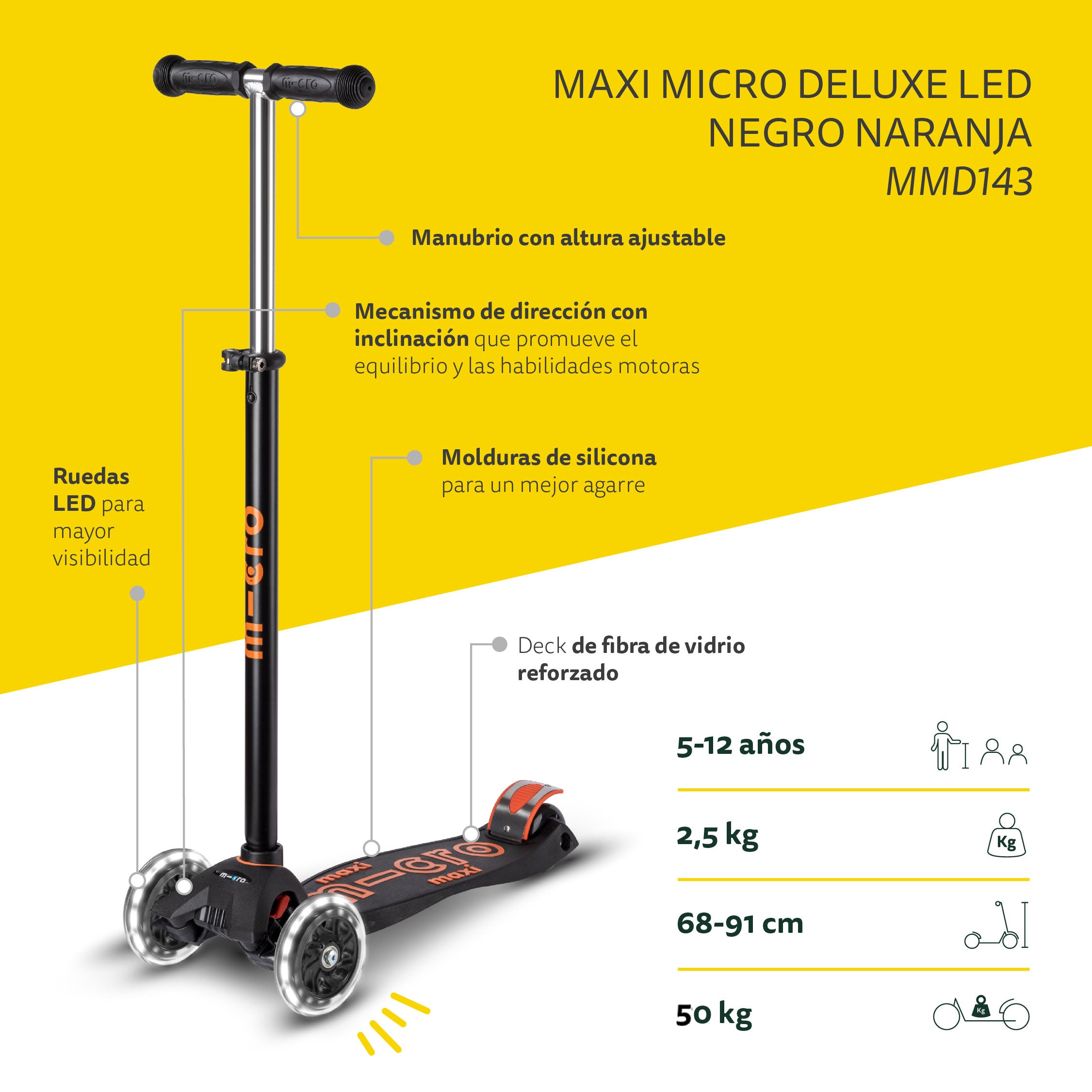 Micro Scooter Maxi Deluxe LED Negro-Naranjo