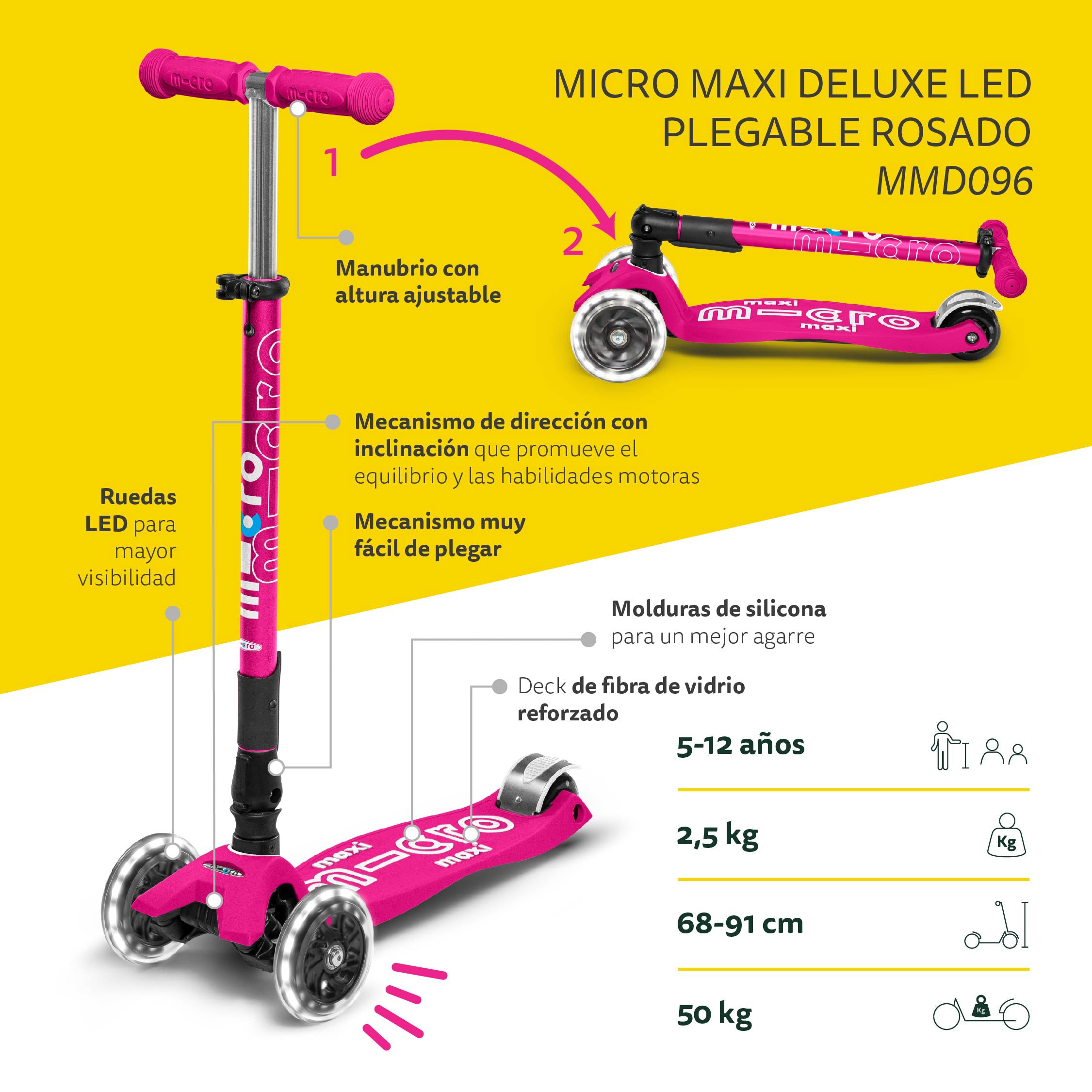 Micro Scooter Maxi Deluxe LED PLEGABLE Rosado Fuerte