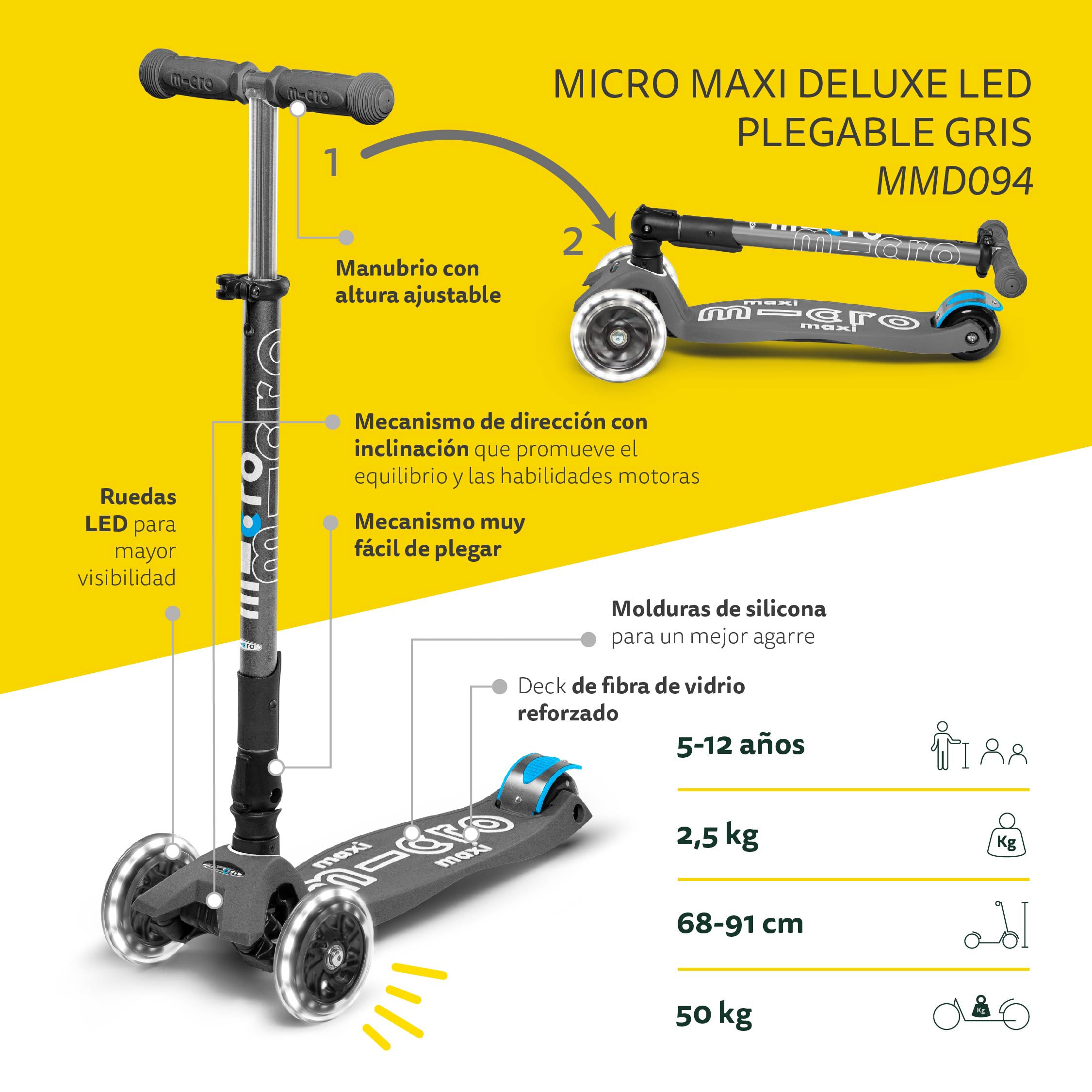 Micro Scooter Maxi Deluxe Led Plegable Gris