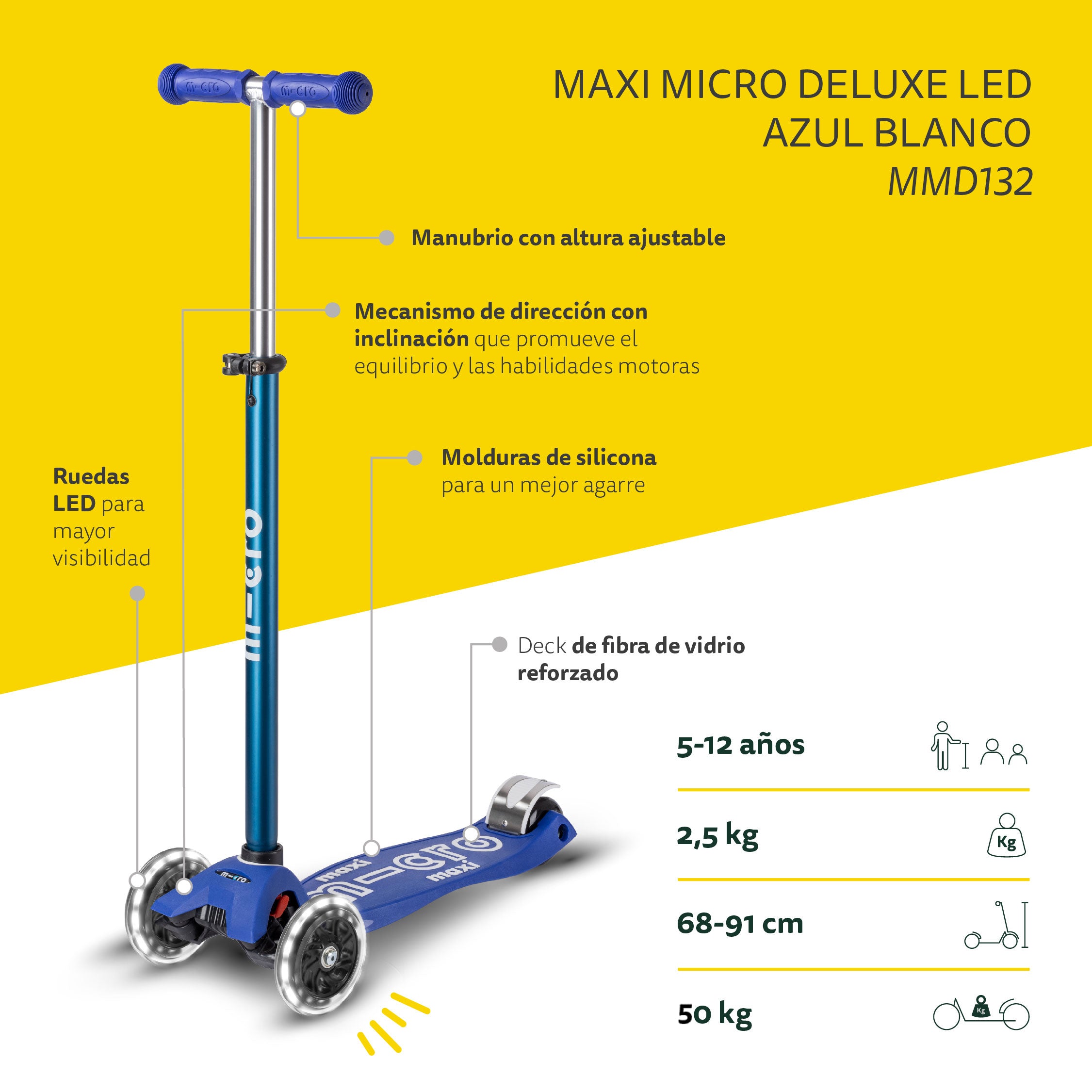 Micro Scooter Maxi Deluxe Led Azul Blanco