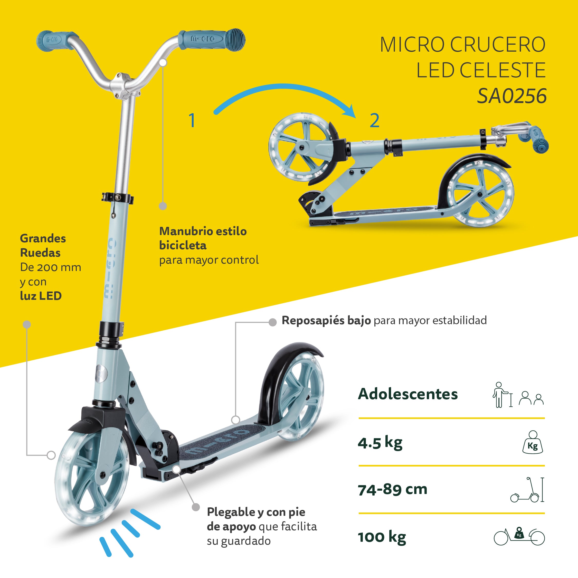 Micro Scooter Crucero LED Celeste