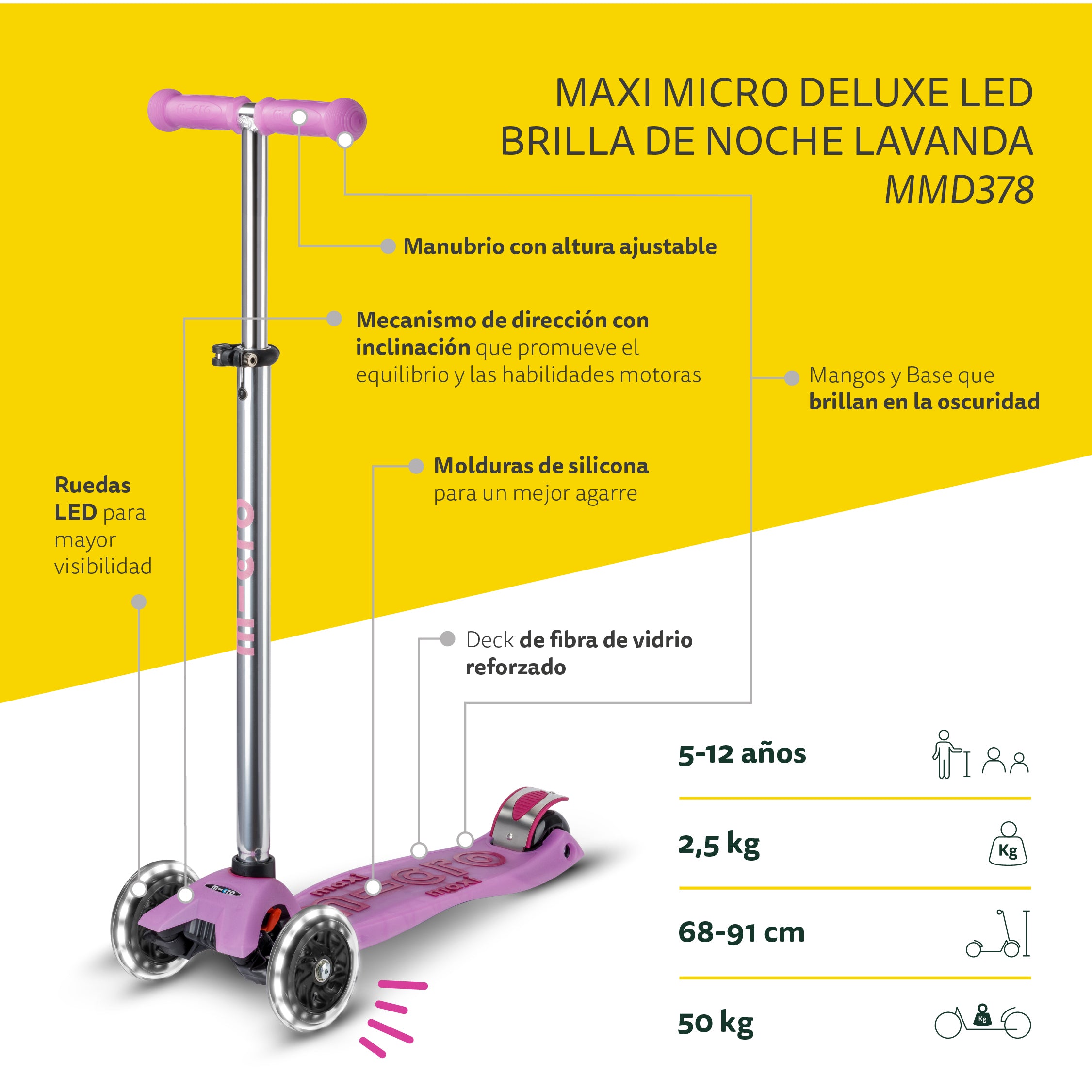 Micro Scooter Maxi Deluxe LED Brilla de Noche Lavanda