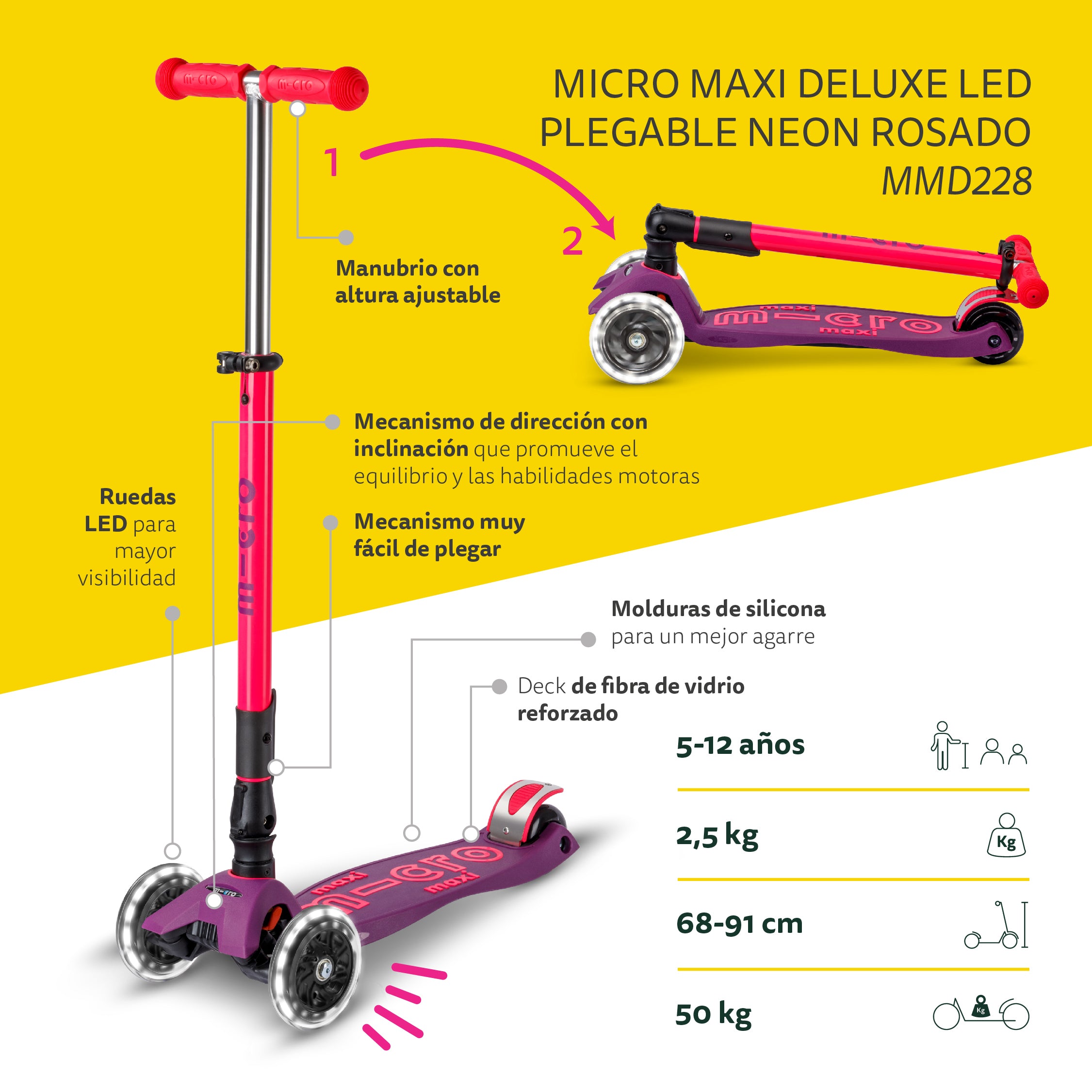 Micro Scooter Maxi Deluxe LED Plegable NEON Rosado