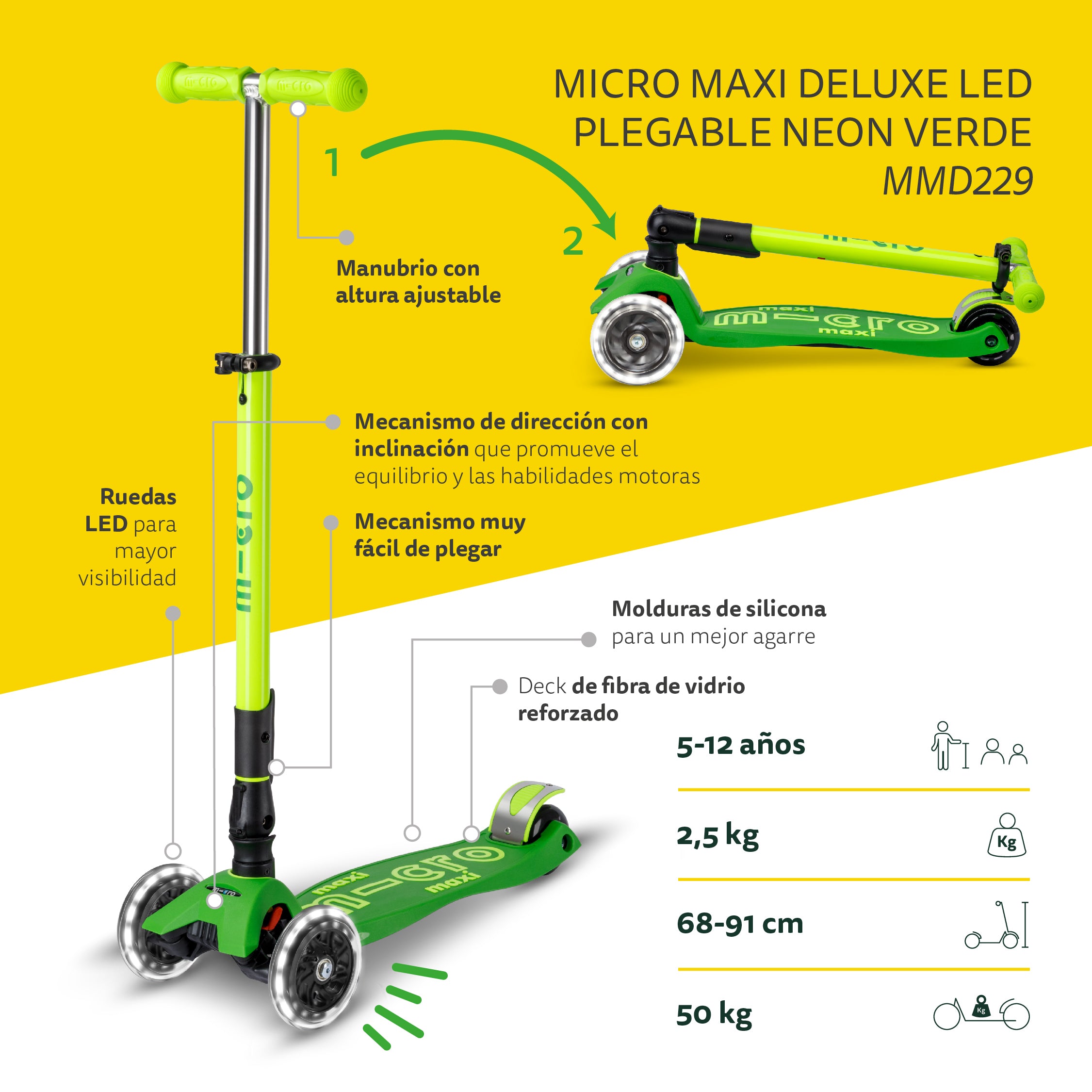 Micro Scooter Maxi Deluxe LED Plegable NEON Verde