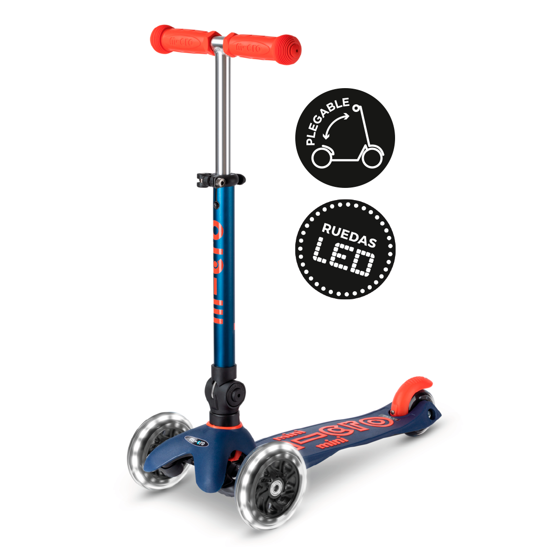 Micro Scooter Mini Deluxe LED PLEGABLE Azul Marino - Rojo