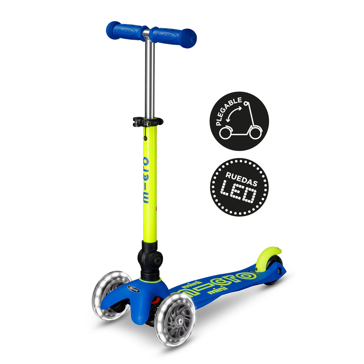 PREVENTA Micro Scooter niños Mini Led Plegable 3 ruedas Neón Amarillo Azul