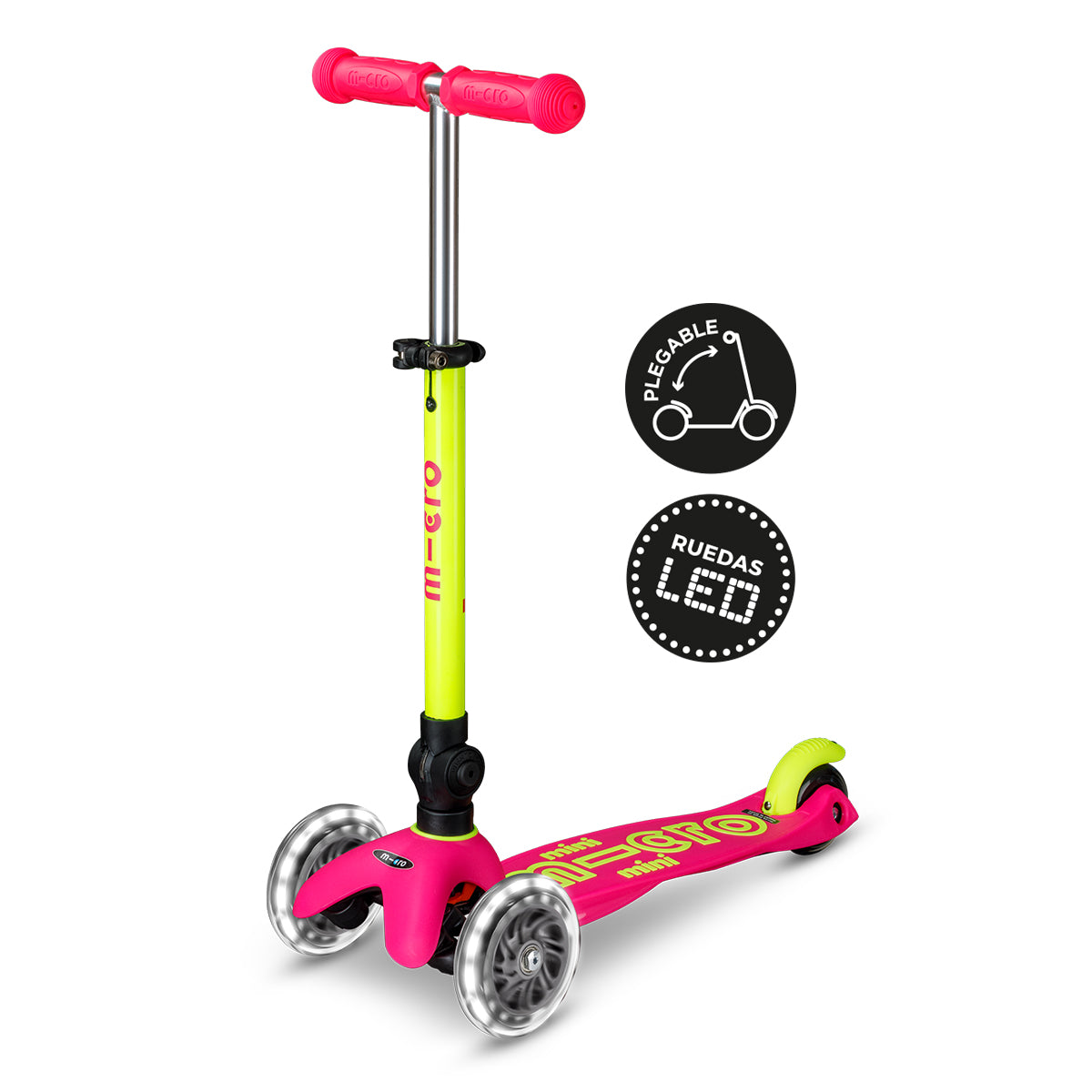 PREVENTA Micro Scooter niños Mini Led Plegable 3 ruedas Neón Amarillo Rosado