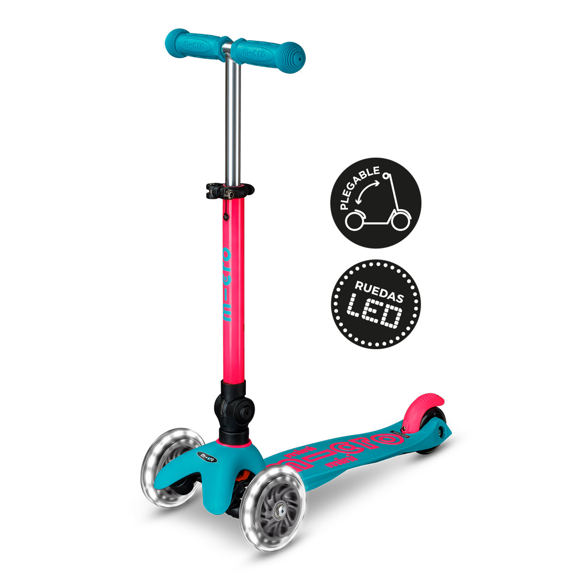 PREVENTA Micro Scooter niños Mini Led Plegable 3 ruedas Neón Rosado Aqua