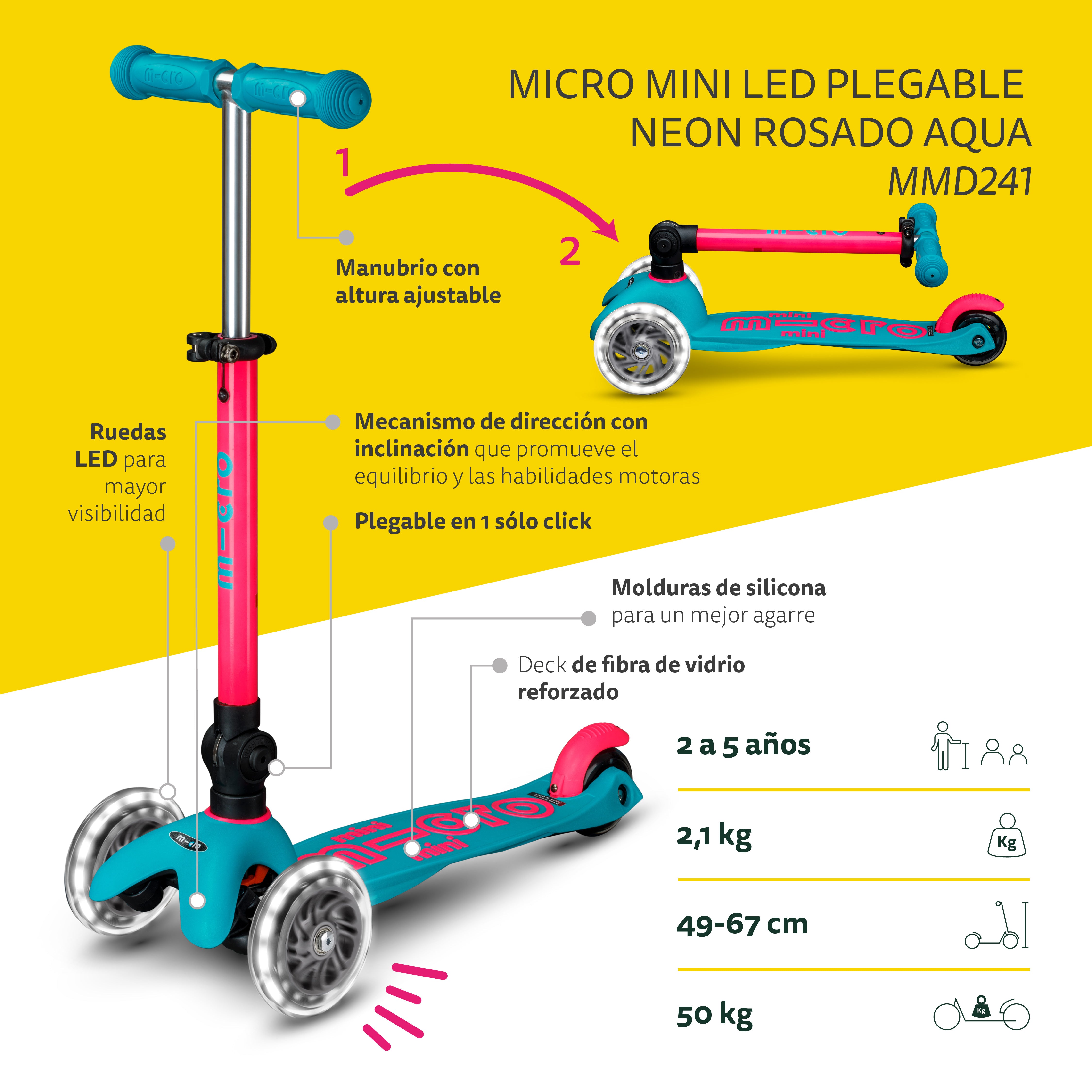PREVENTA Micro Scooter niños Mini Led Plegable 3 ruedas Neón Rosado Aqua