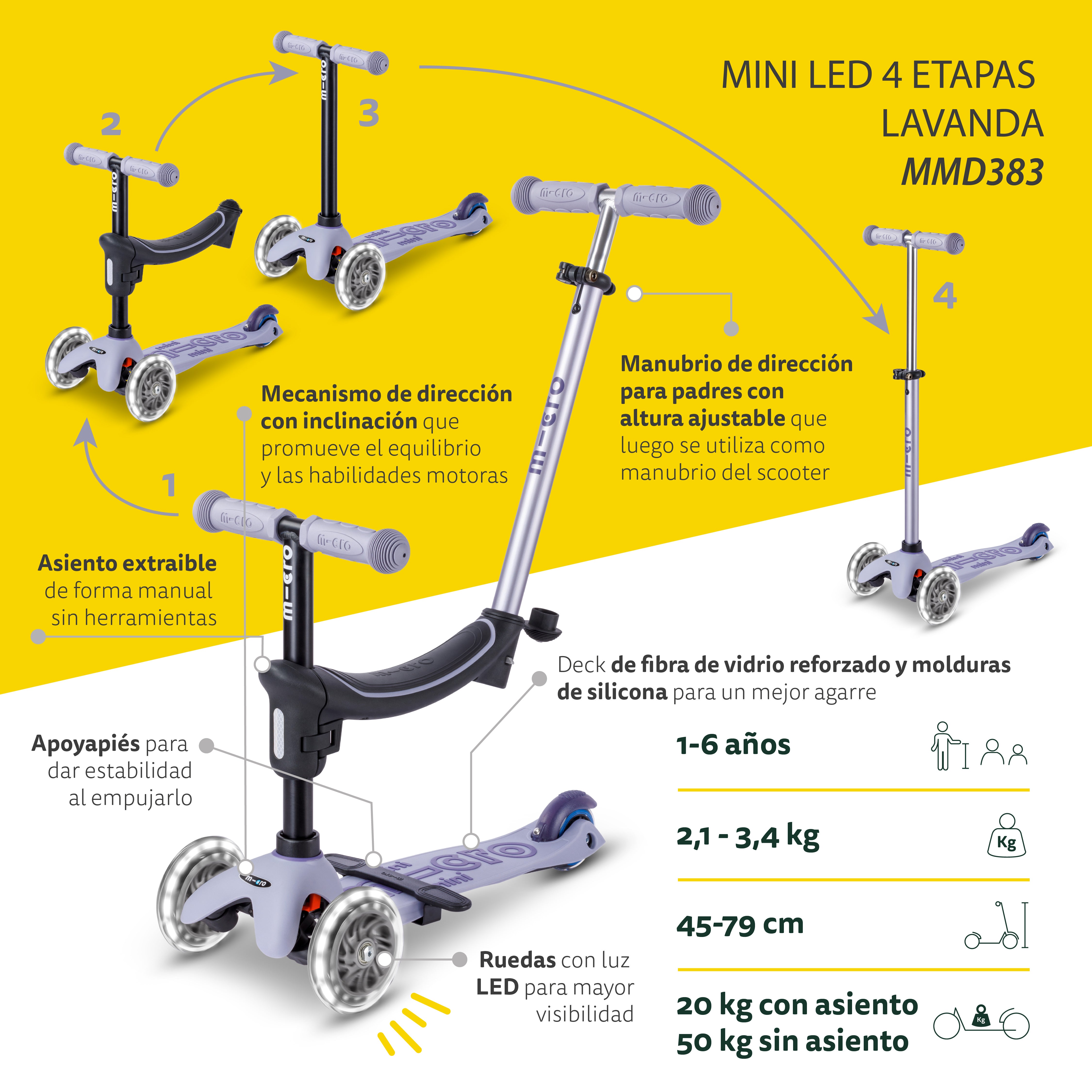 Micro Scooter niños Mini 4 Etapas Led 3 ruedas Lavanda