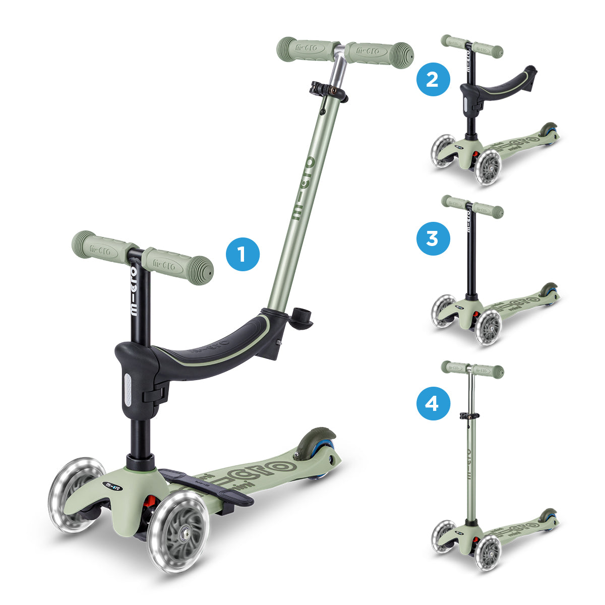 Micro Scooter niños Mini 4 Etapas Led 3 ruedas Verde