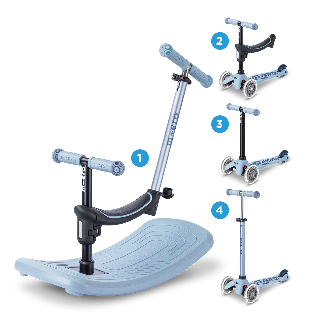 Micro Scooter niños Mini Balancín 6 Etapas Led 3 ruedas Celeste