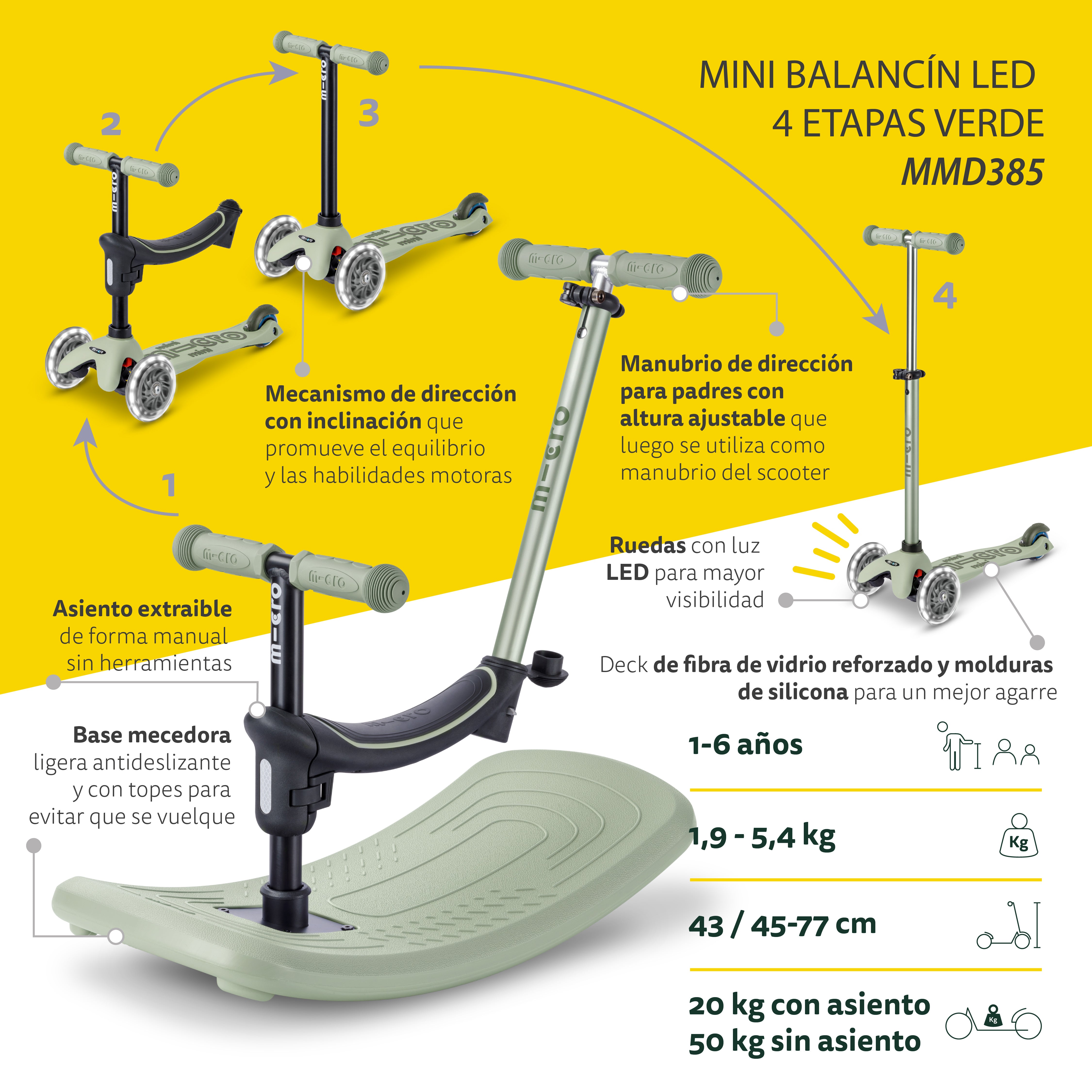 Micro Scooter niños Mini Balancín 6 Etapas Led 3 ruedas Verde