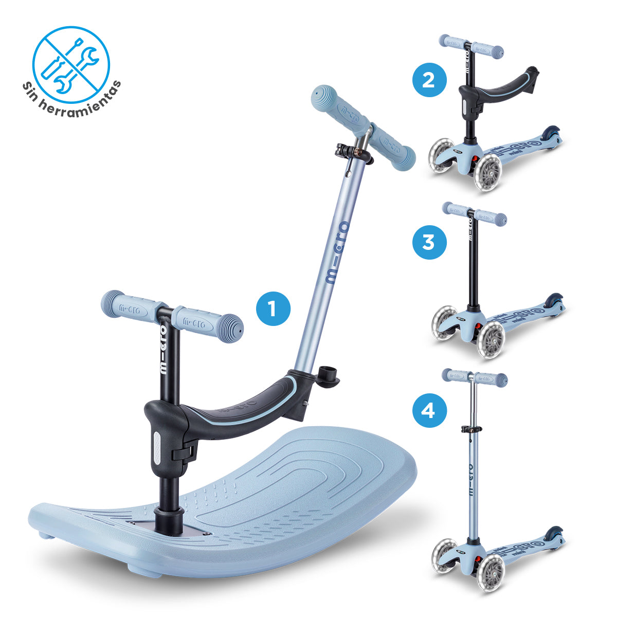 Micro Scooter niños Mini Balancín 6 Etapas Led 3 ruedas Celeste