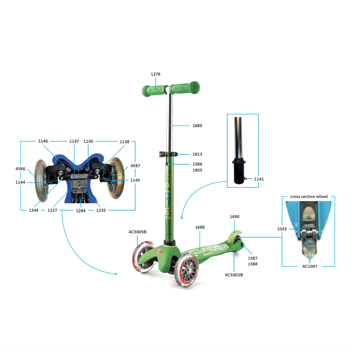 Perno del eje Rueda trasera y Pieza de giro delantera 42mm / 1138 Repuesto Micro