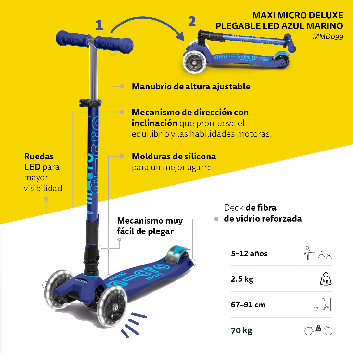 Micro Scooter Maxi Deluxe LED PLEGABLE Azul