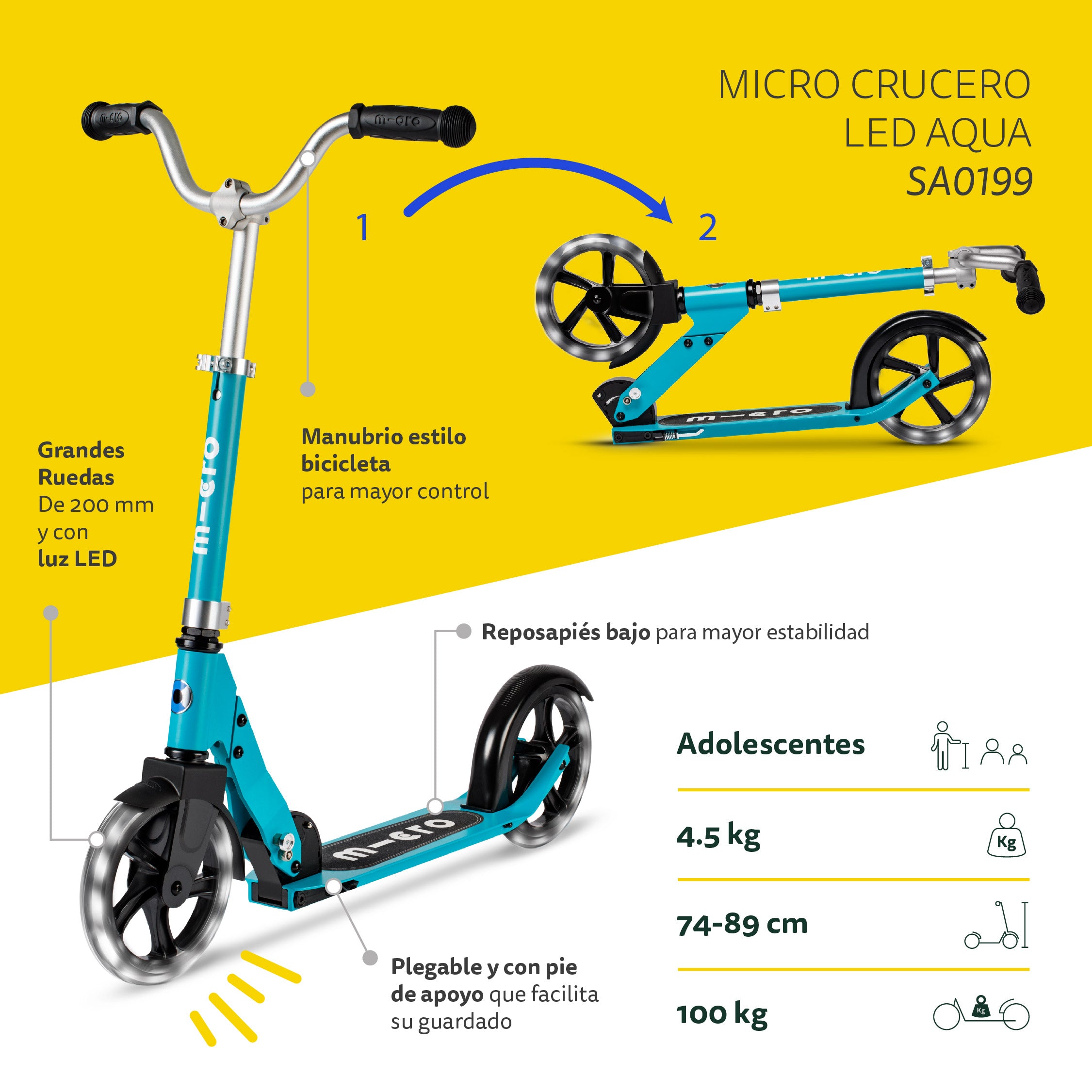 Micro Scooter Adolescentes Crucero LED Aqua