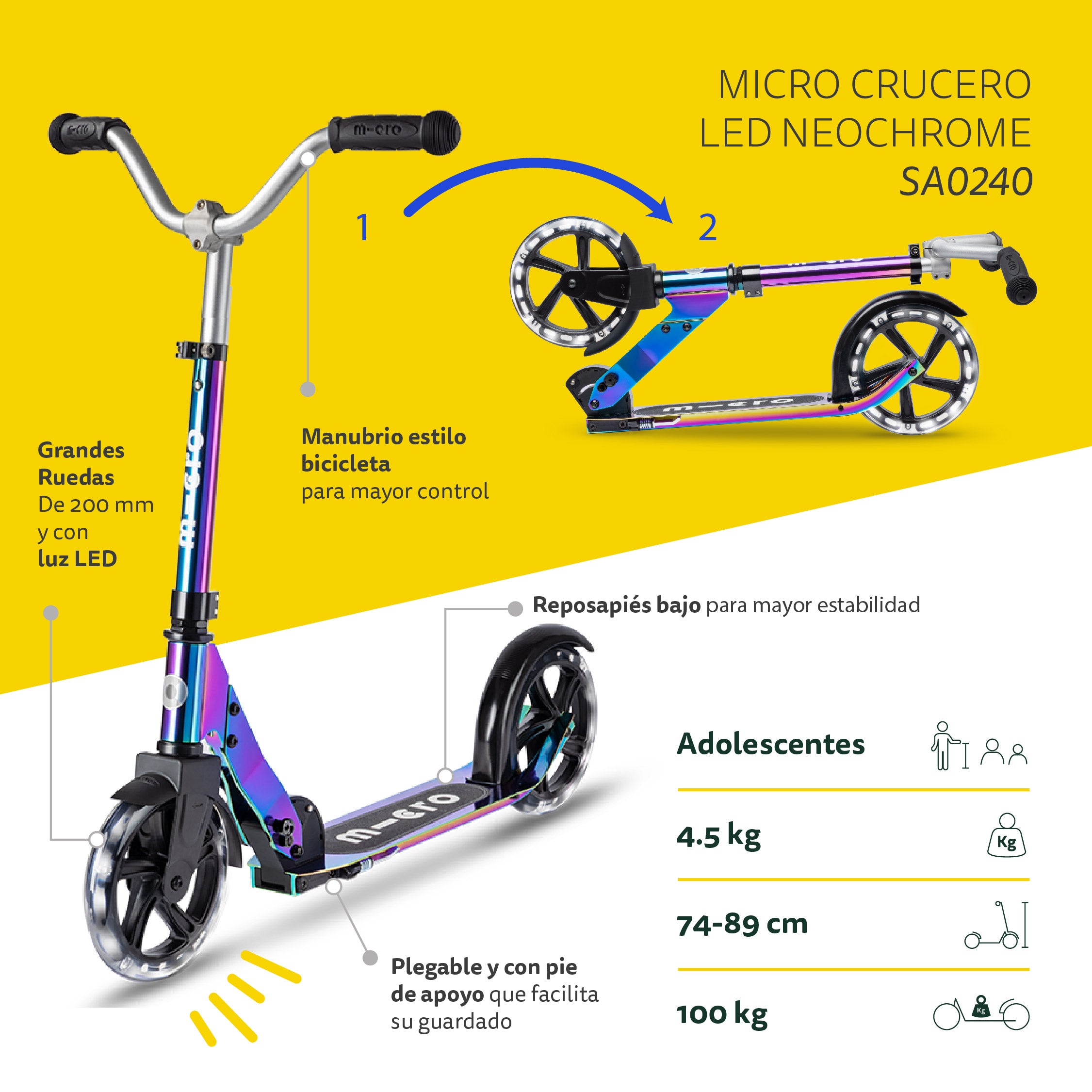 Micro Scooter Adolescentes Crucero LED Neochrome Multicolor