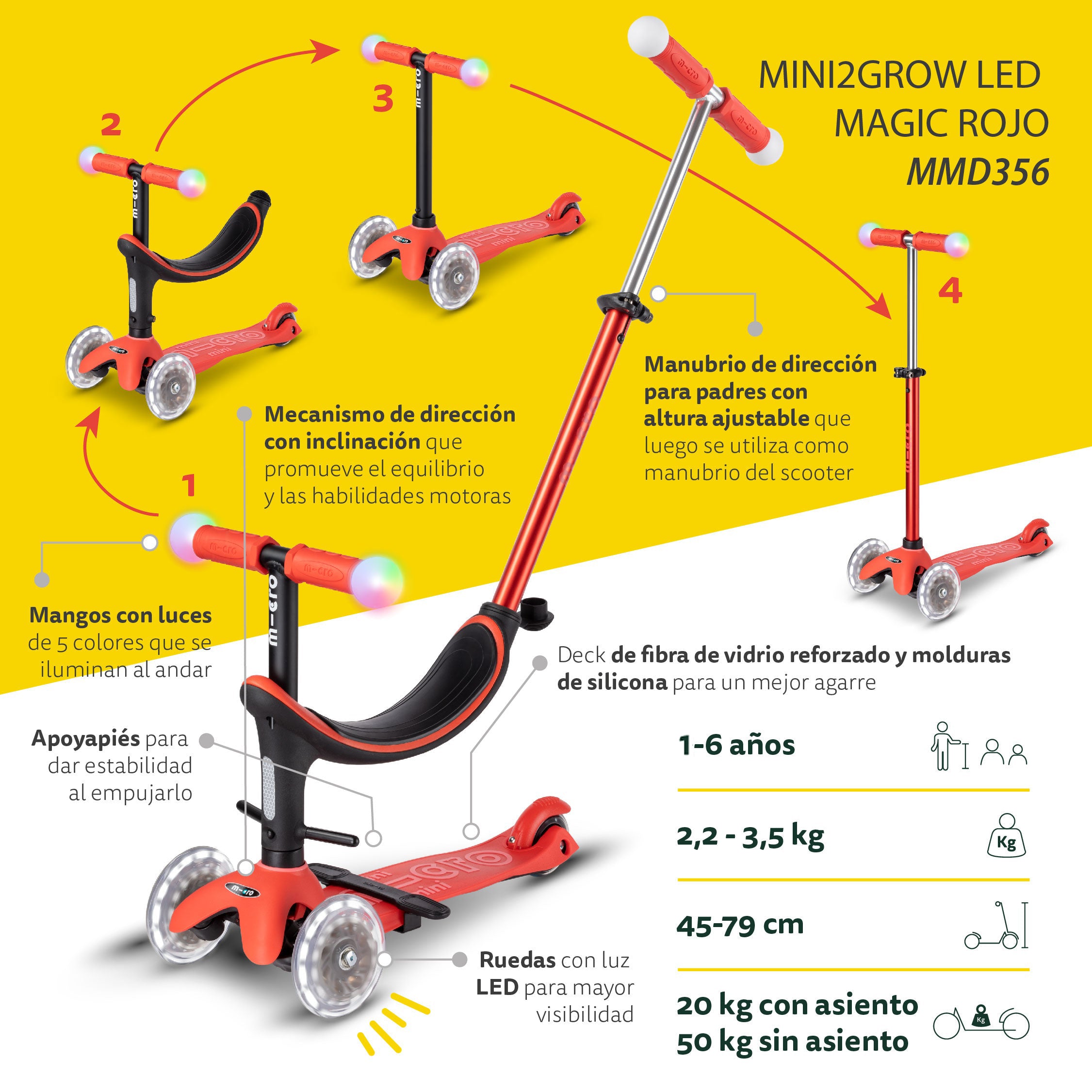 Micro Scooter Mini2Grow Deluxe LED Magic Rojo