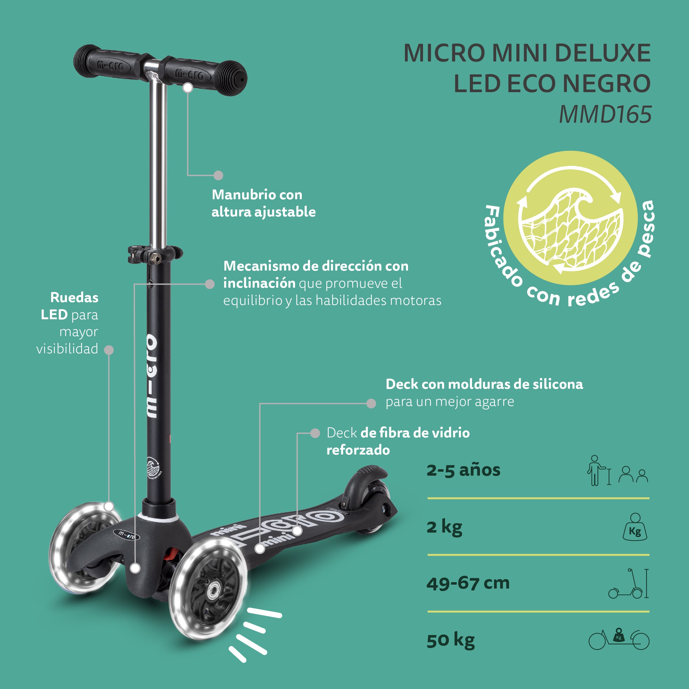 Micro Scooter Mini Deluxe Led ECO Negro