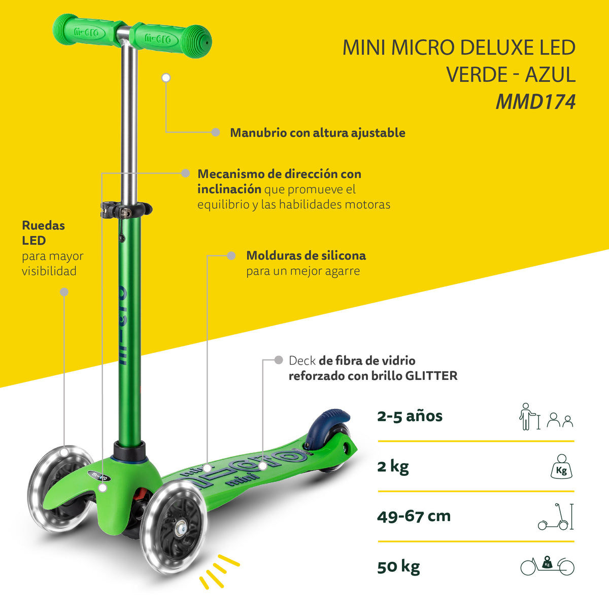 Mini Led 3 Color Micro Scooter niños Mini Led 3 ruedas Verde Azul