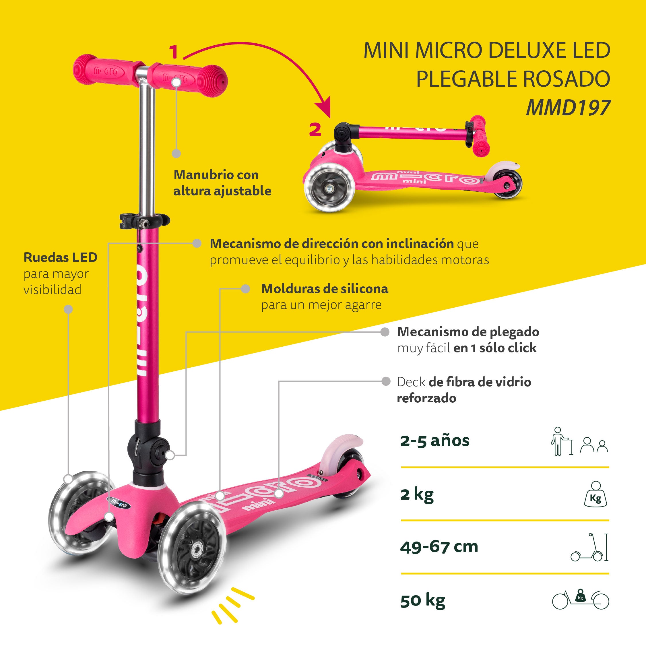 Micro Scooter Mini Deluxe LED PLEGABLE Rosado