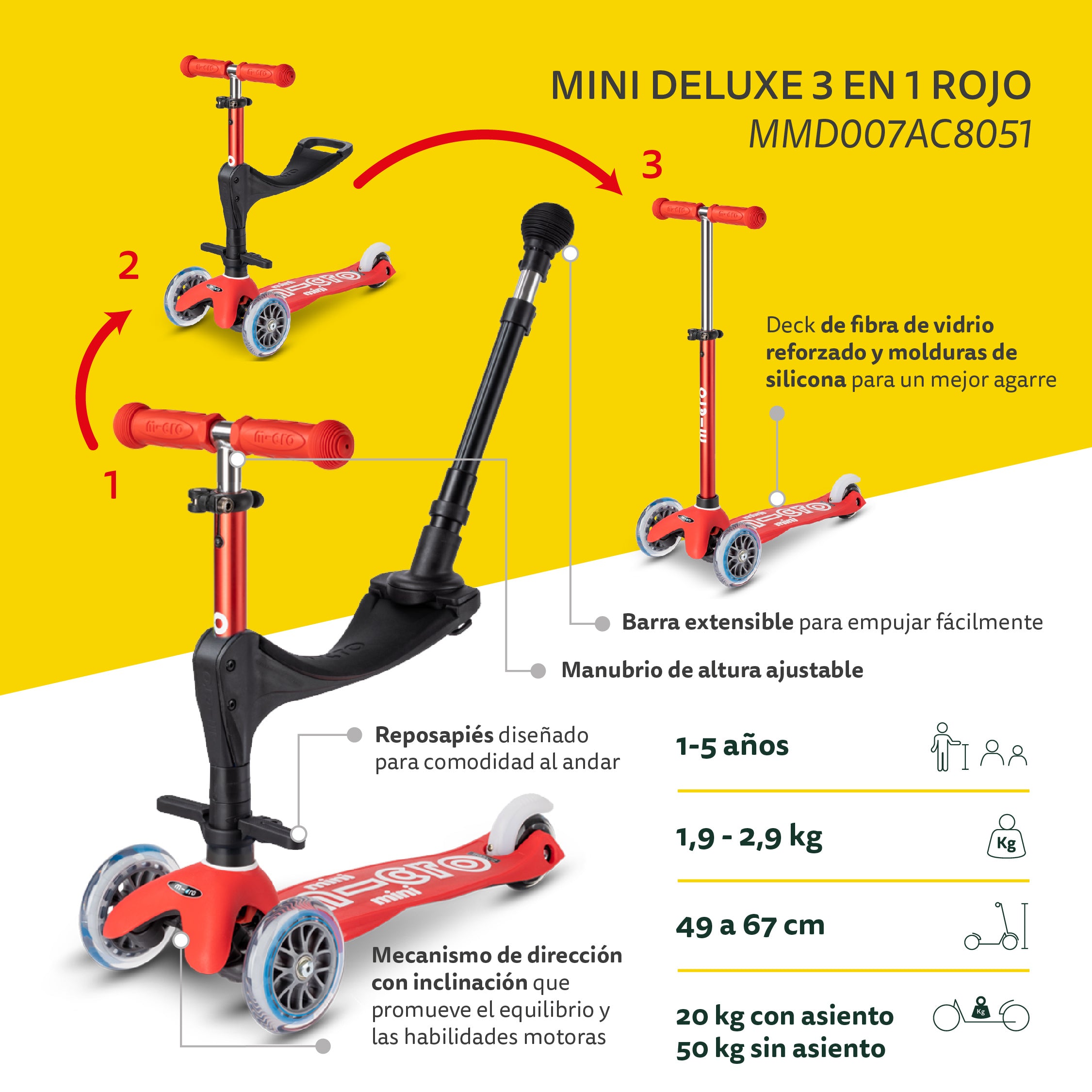 Micro Scooter Mini Deluxe 3en1 Rojo