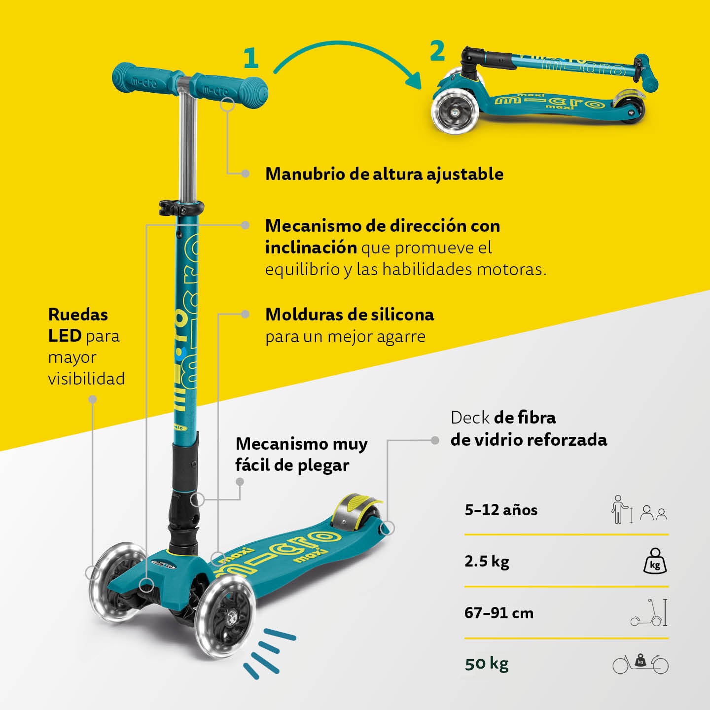Micro Scooter Maxi Deluxe LED PLEGABLE Verde Petróleo