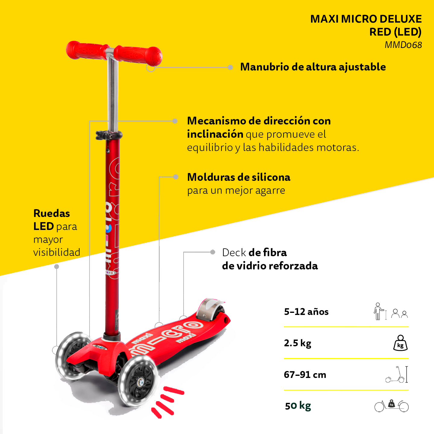 Micro Scooter Maxi Deluxe LED Rojo
