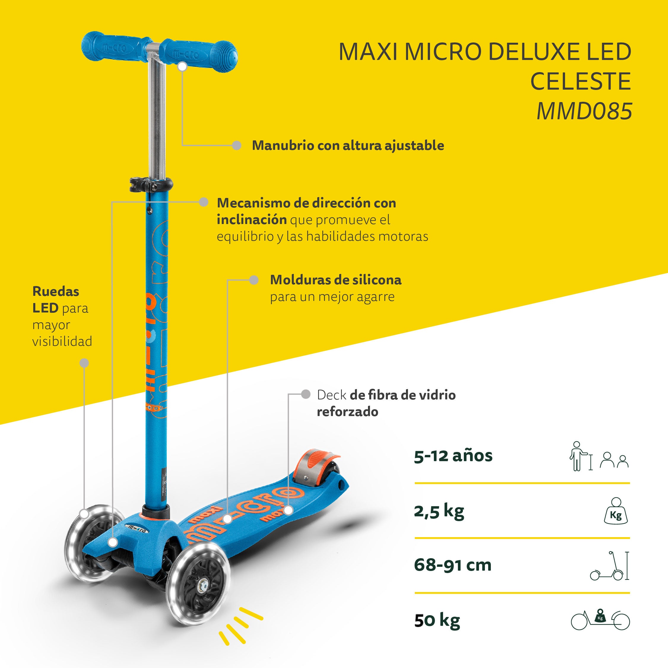 Micro Scooter Maxi Deluxe Led Celeste