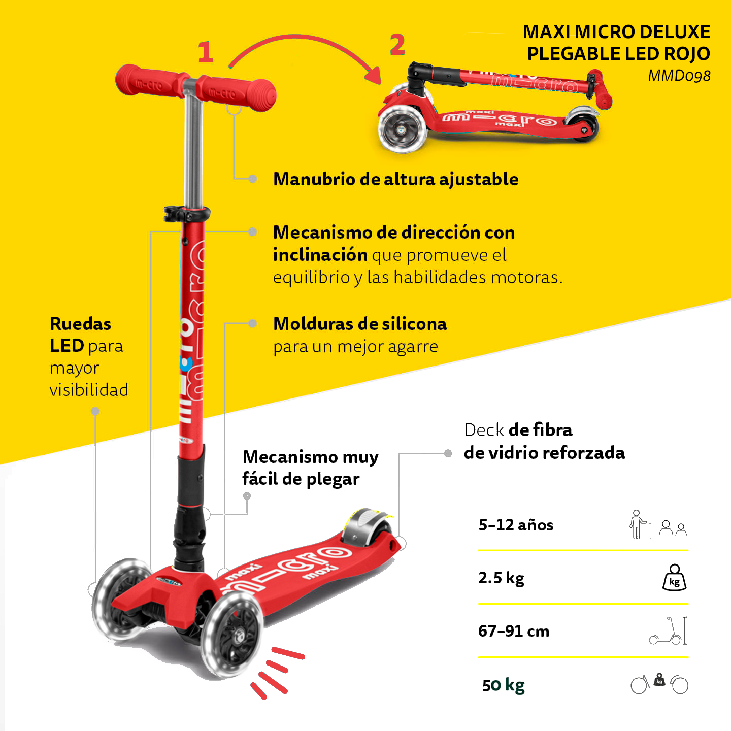 Micro Scooter Maxi Deluxe Led Plegable Rojo