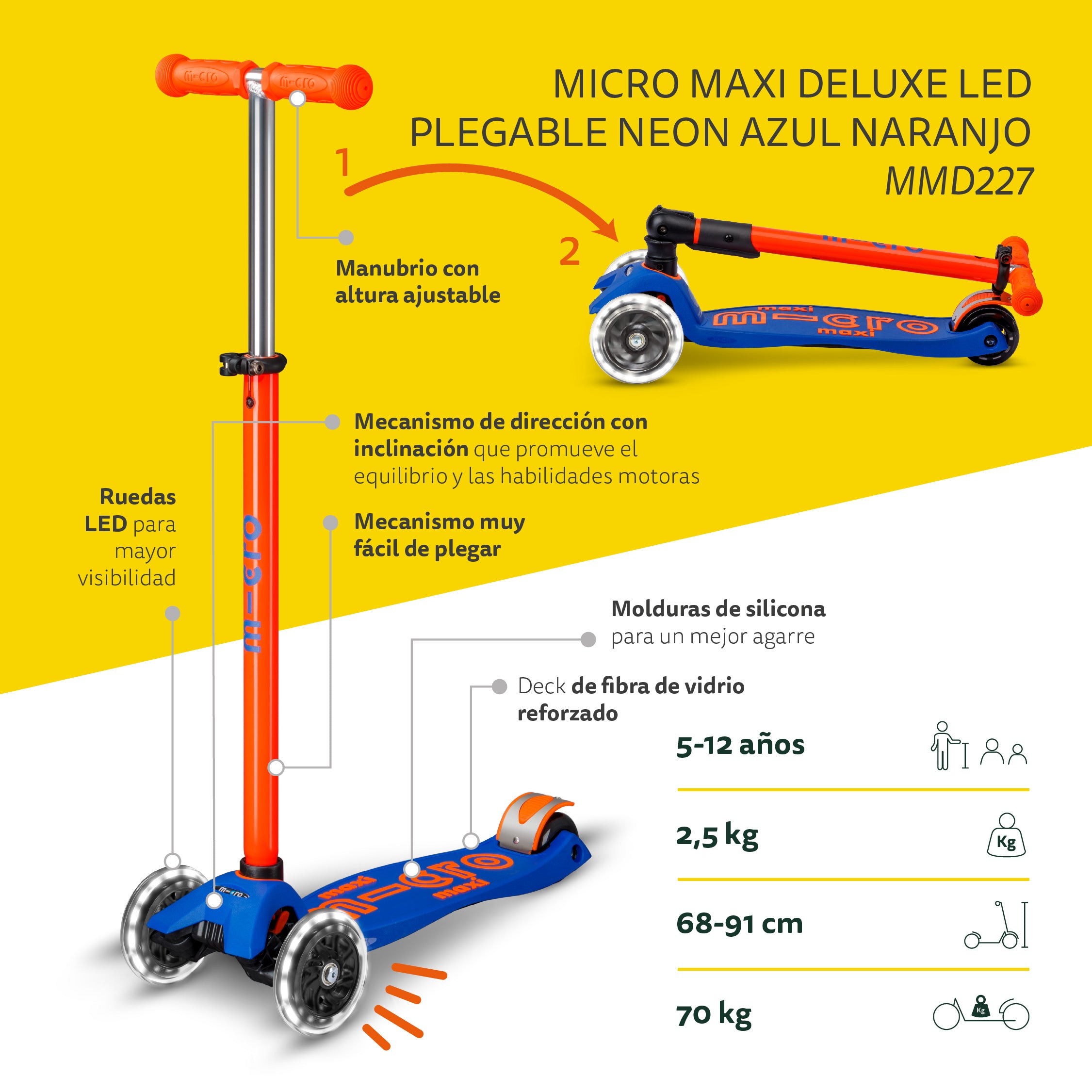 Micro Scooter Maxi Deluxe LED Plegable NEON Azul Naranjo