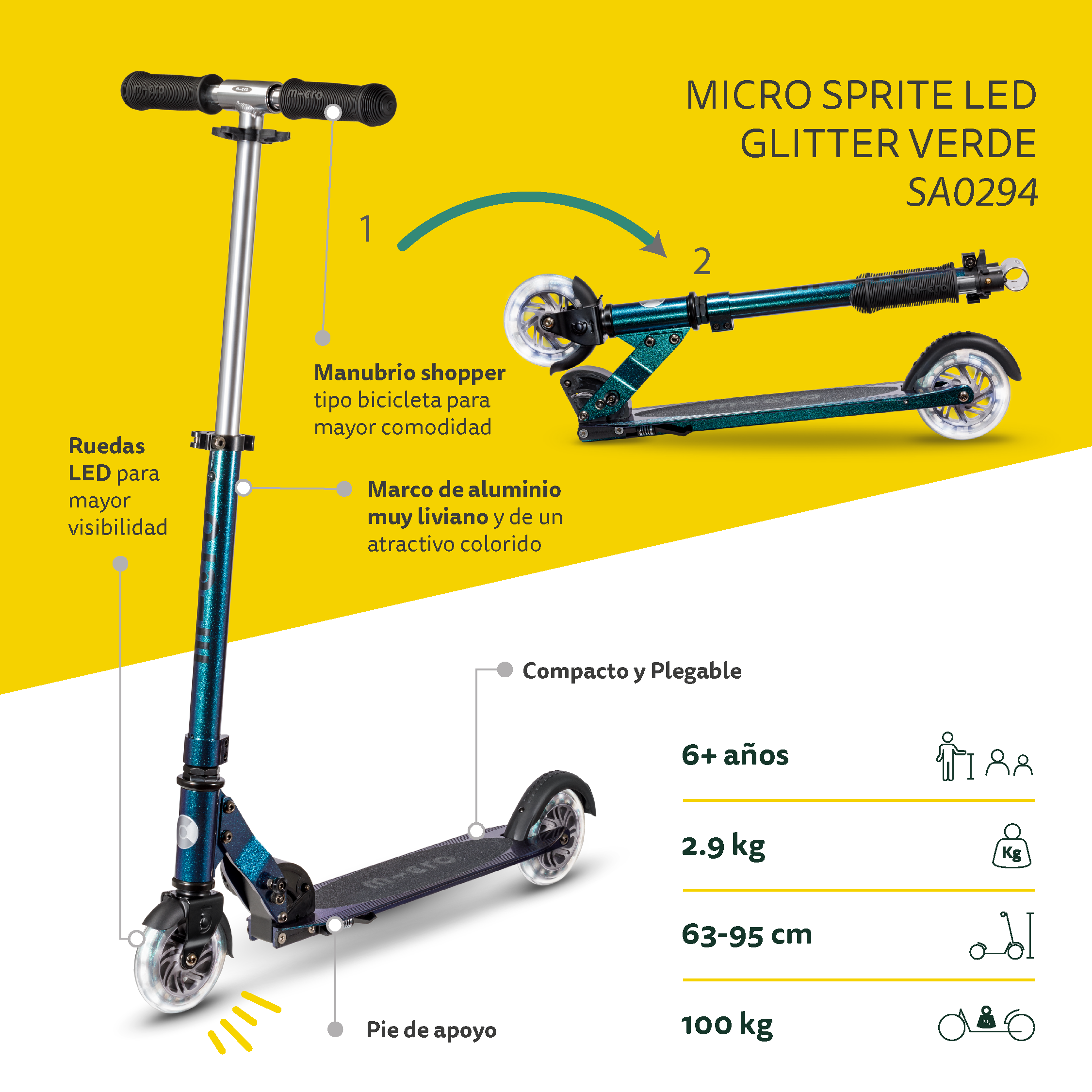 Micro Scooter Sprite LED Glitter Verde