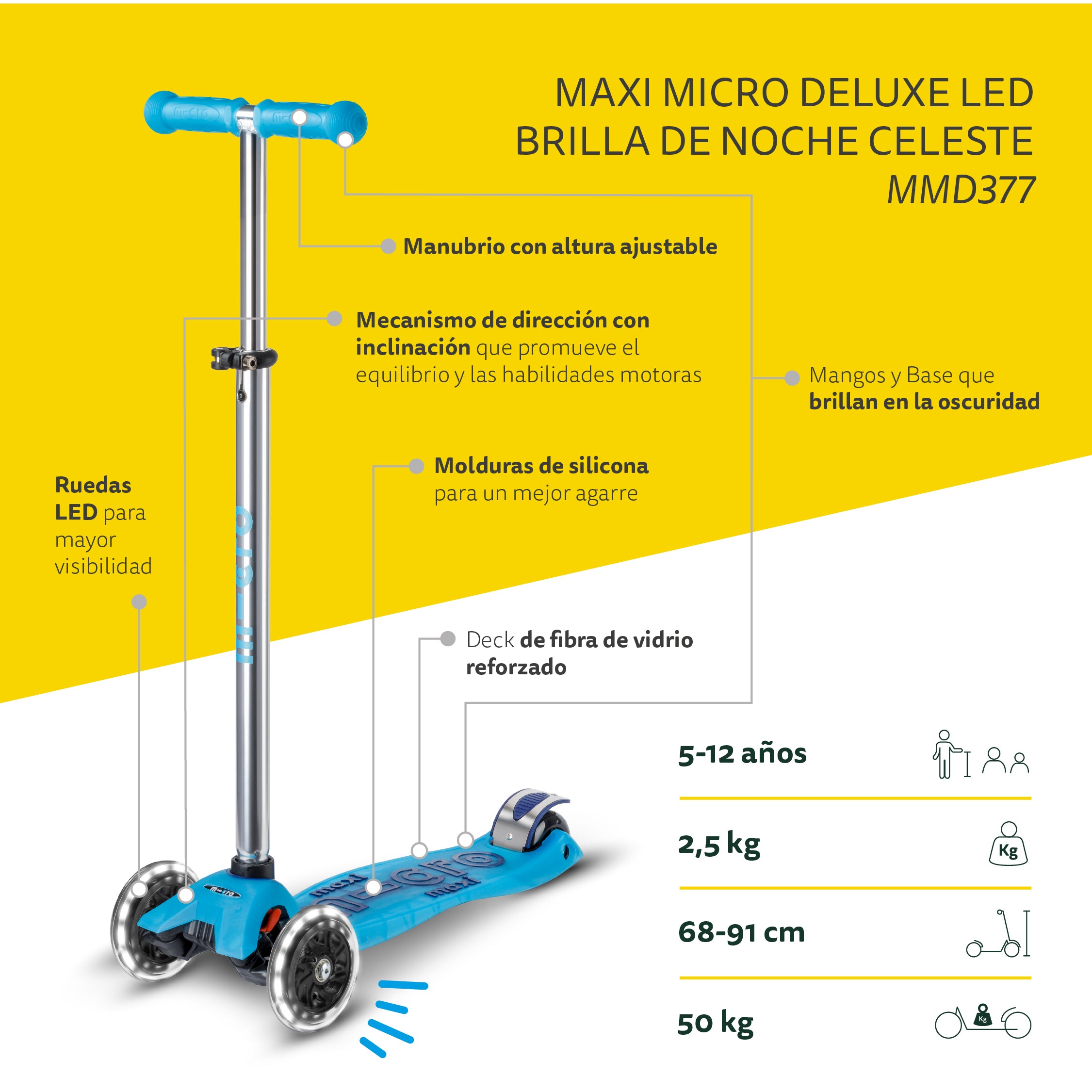 Micro Scooter Maxi Deluxe LED Brilla de Noche Celeste