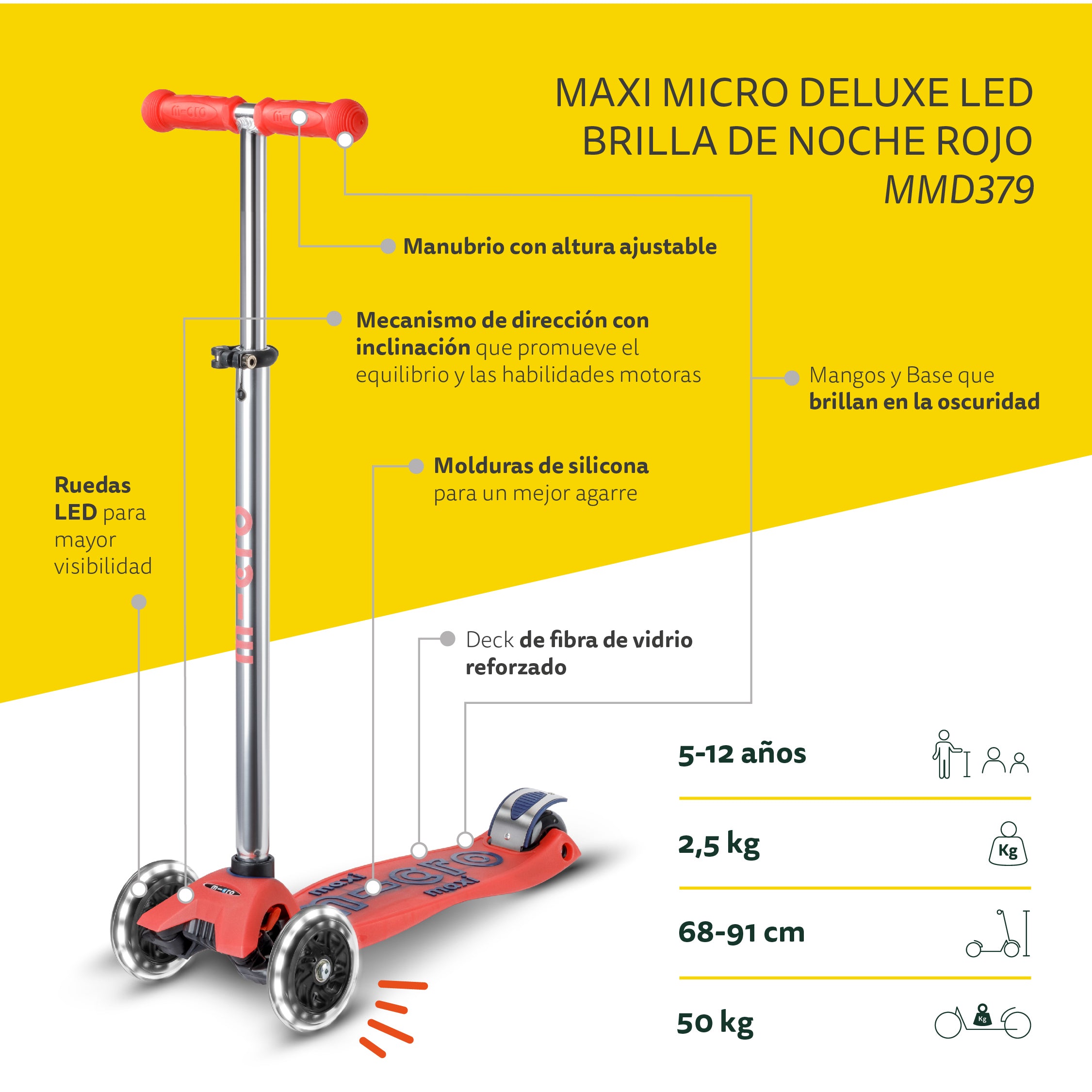 Micro Scooter Maxi Deluxe LED Brilla de Noche Rojo