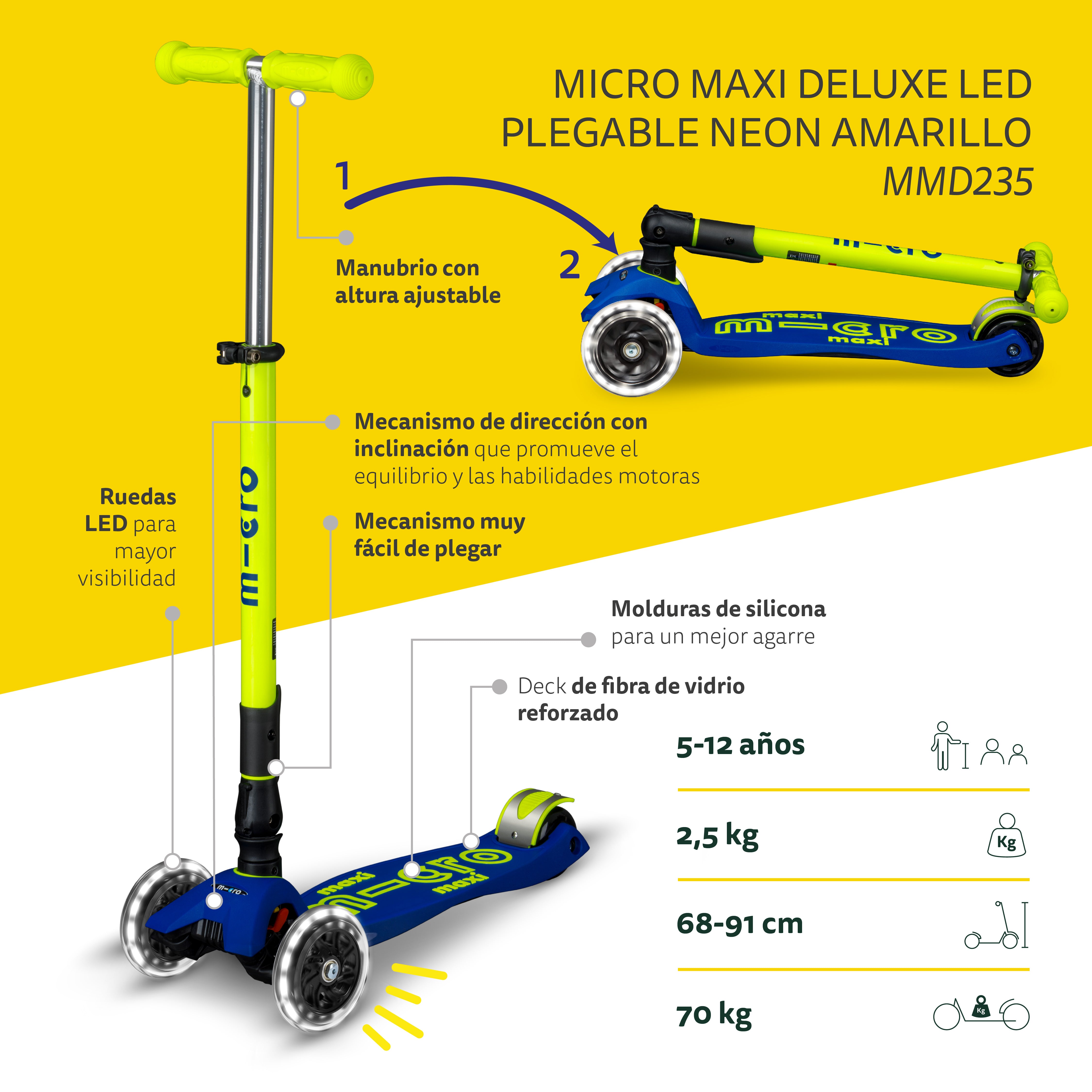 PREVENTA Micro Scooter niños Maxi Led Plegable 3 ruedas Amarillo Neón